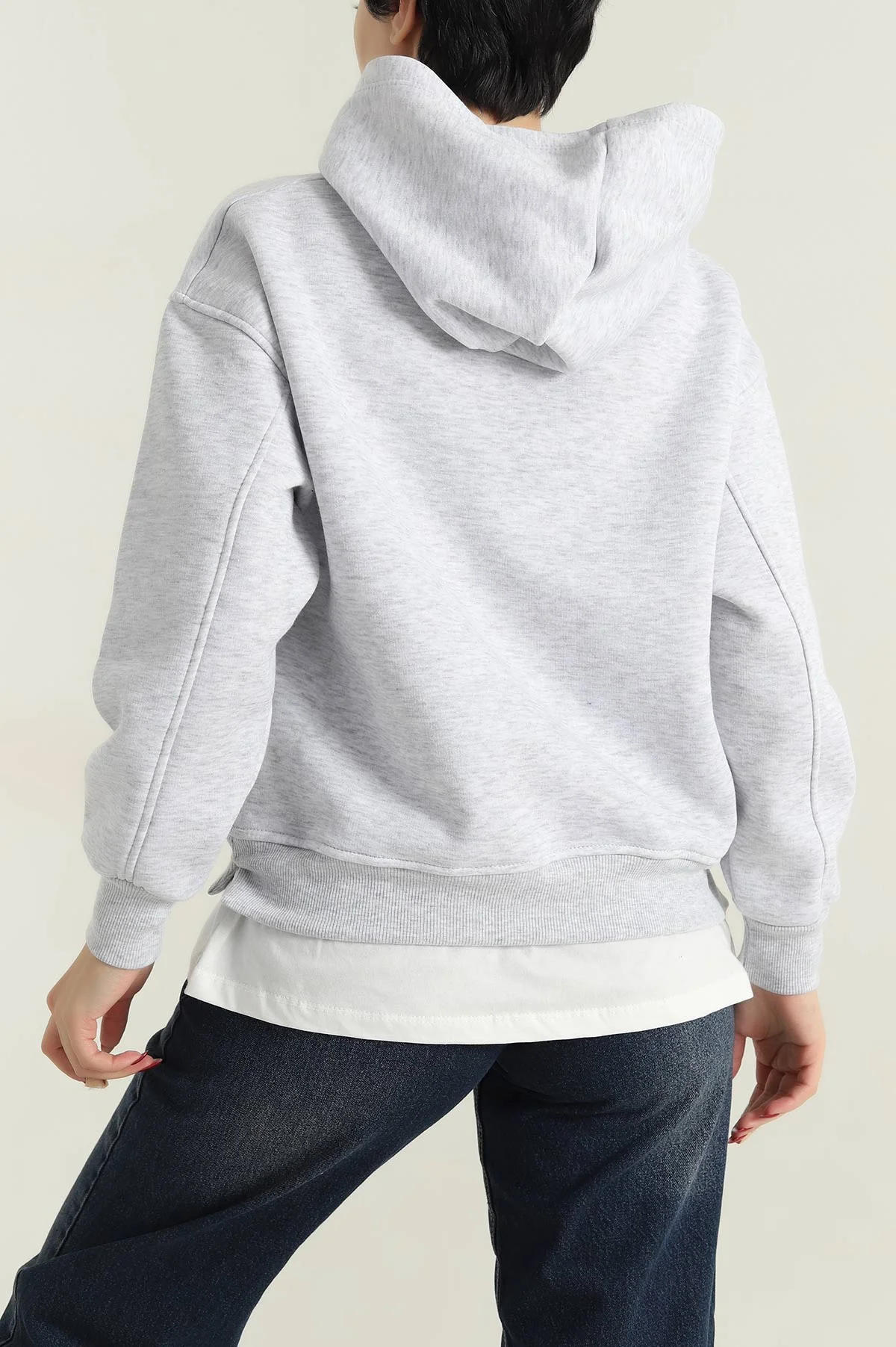 Gri Şardonlu Kapşonlu Baskılı Üç İp Kadın Sweat 417960