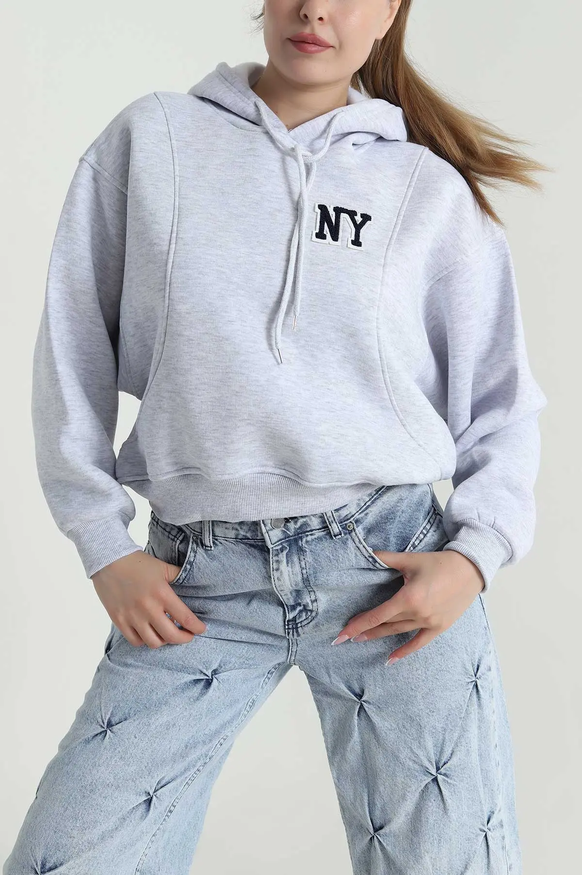 Gri Şardonlu Kapşonlu Üç İp Kadın Sweat 485081