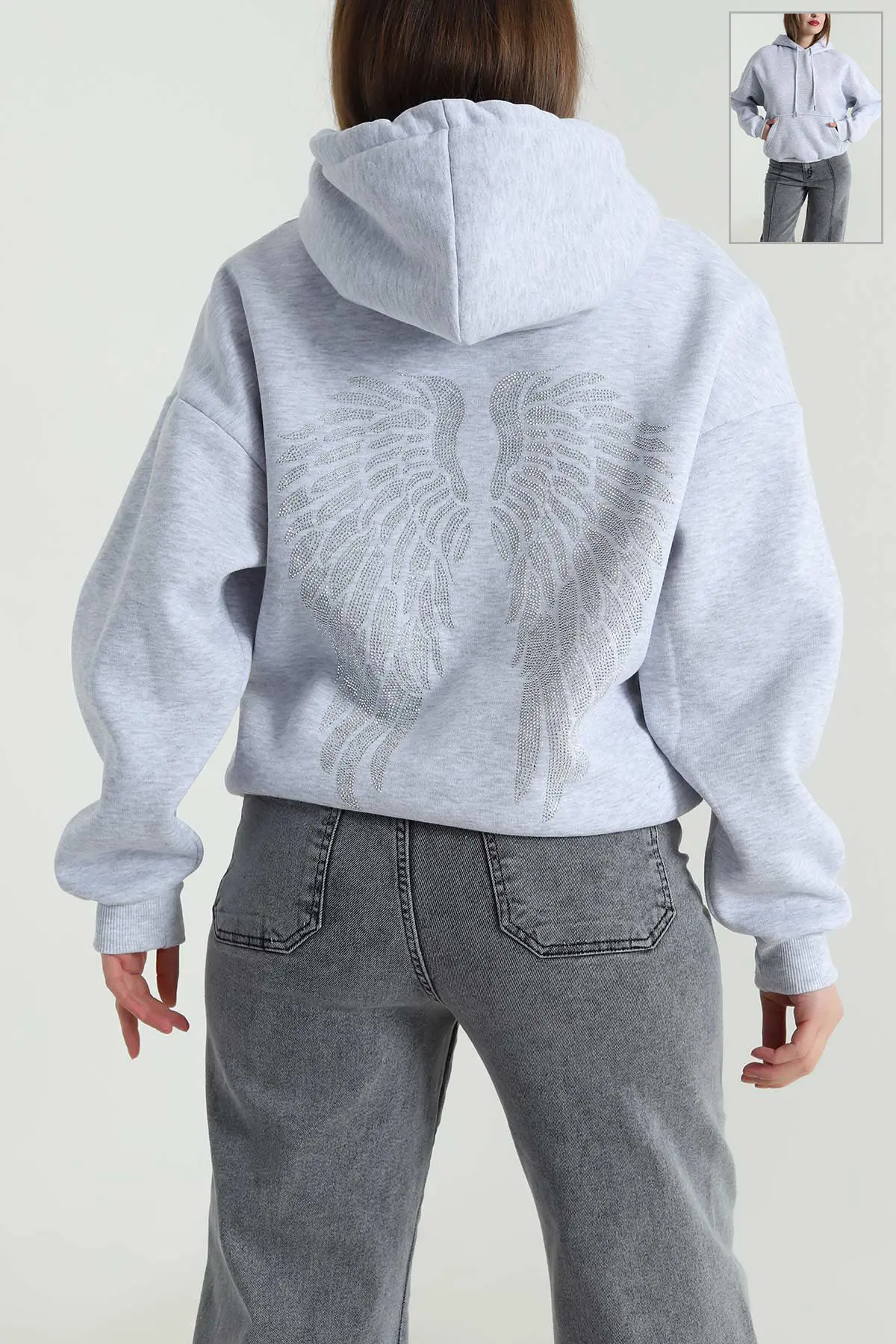 Gri Şardonlu Kapşonlu Üç İp Kadın Sweat 494328