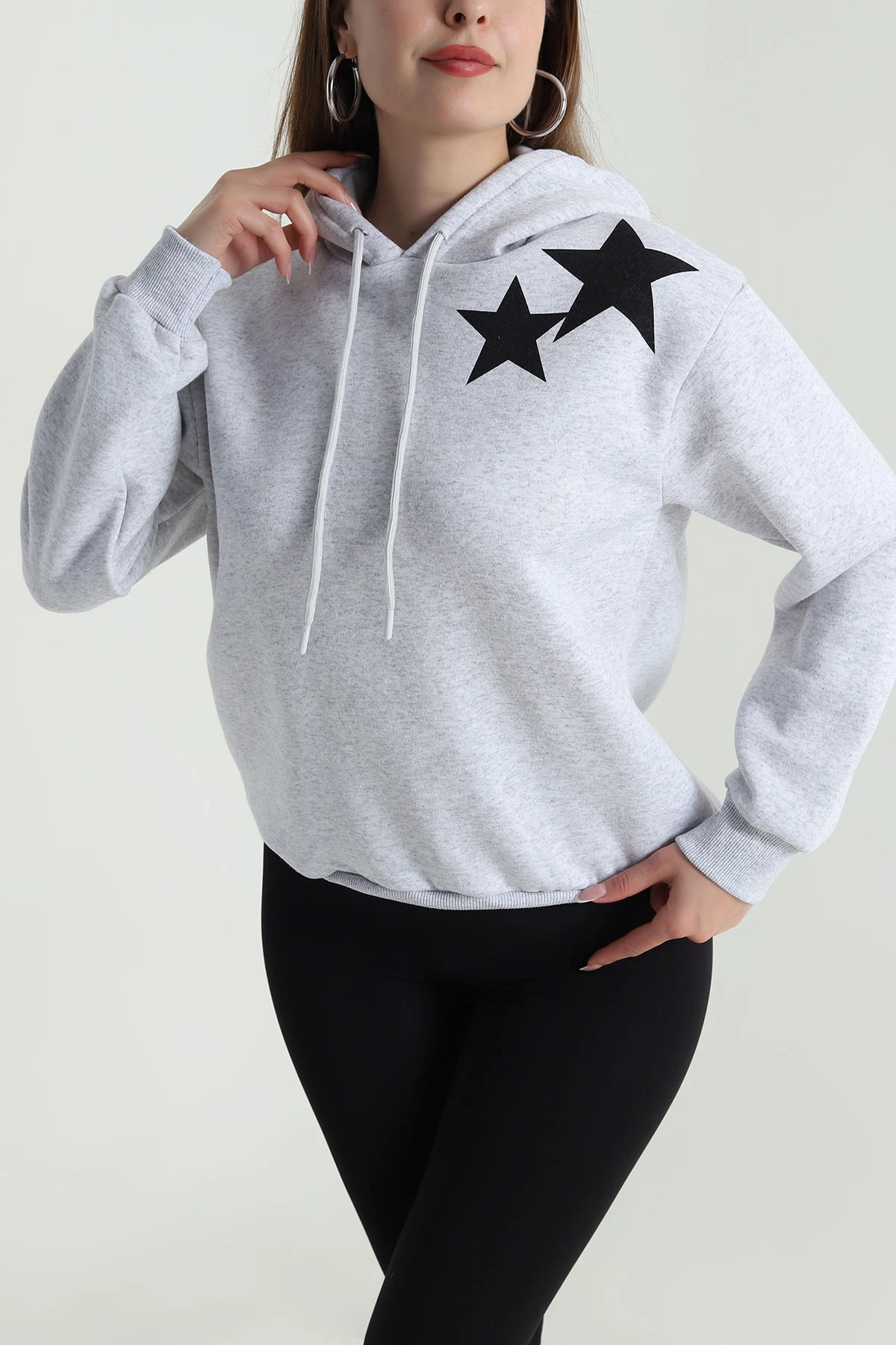 Gri Şardonlu Kapüşonlu Kadın Sweat 489385