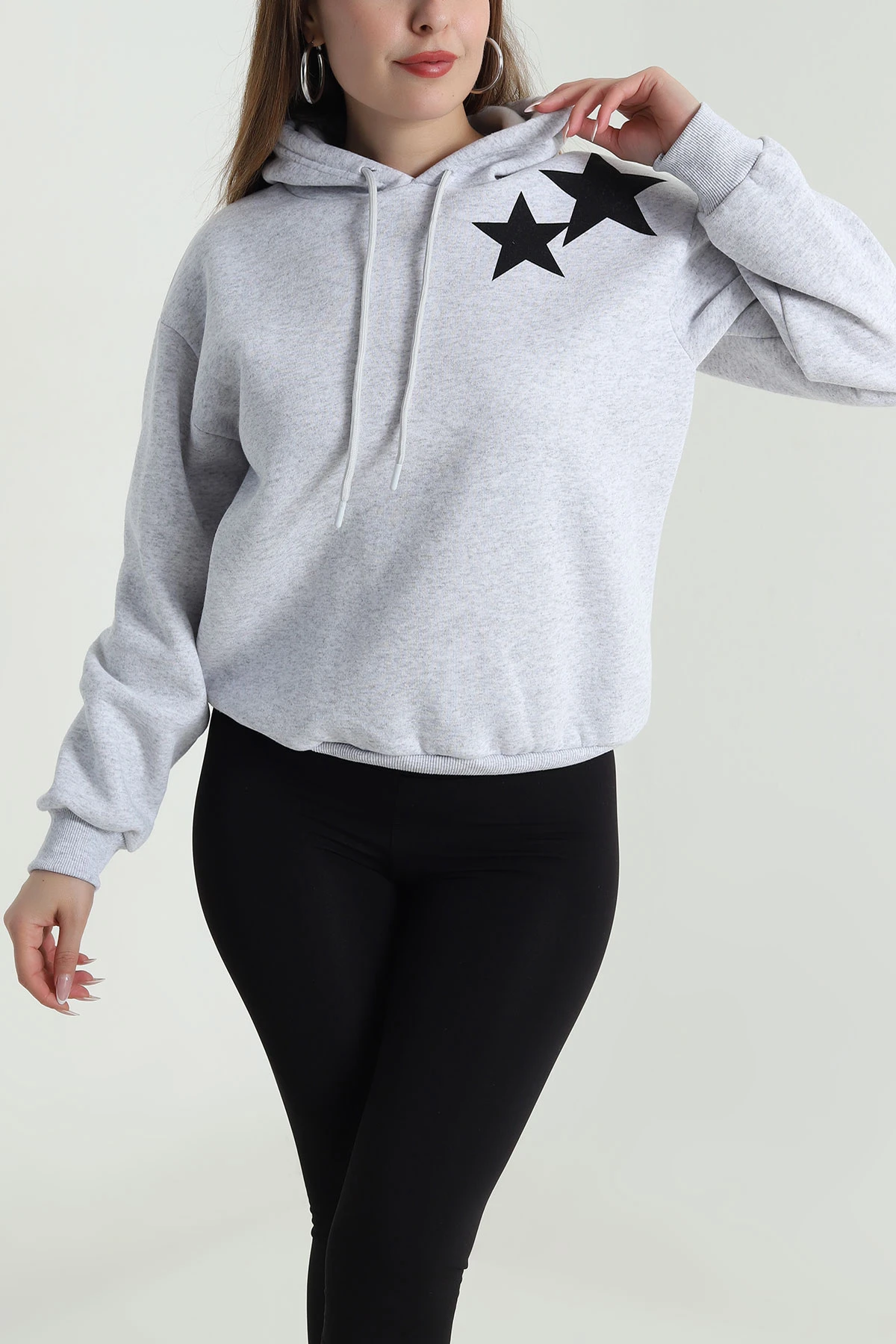 Gri Şardonlu Kapüşonlu Kadın Sweat 489385