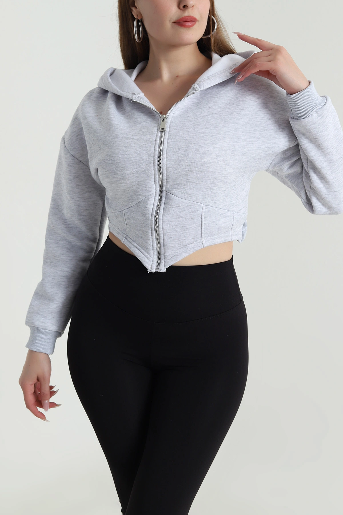Gri Şardonlu Korse Dikişli Kadın Sweat 489466