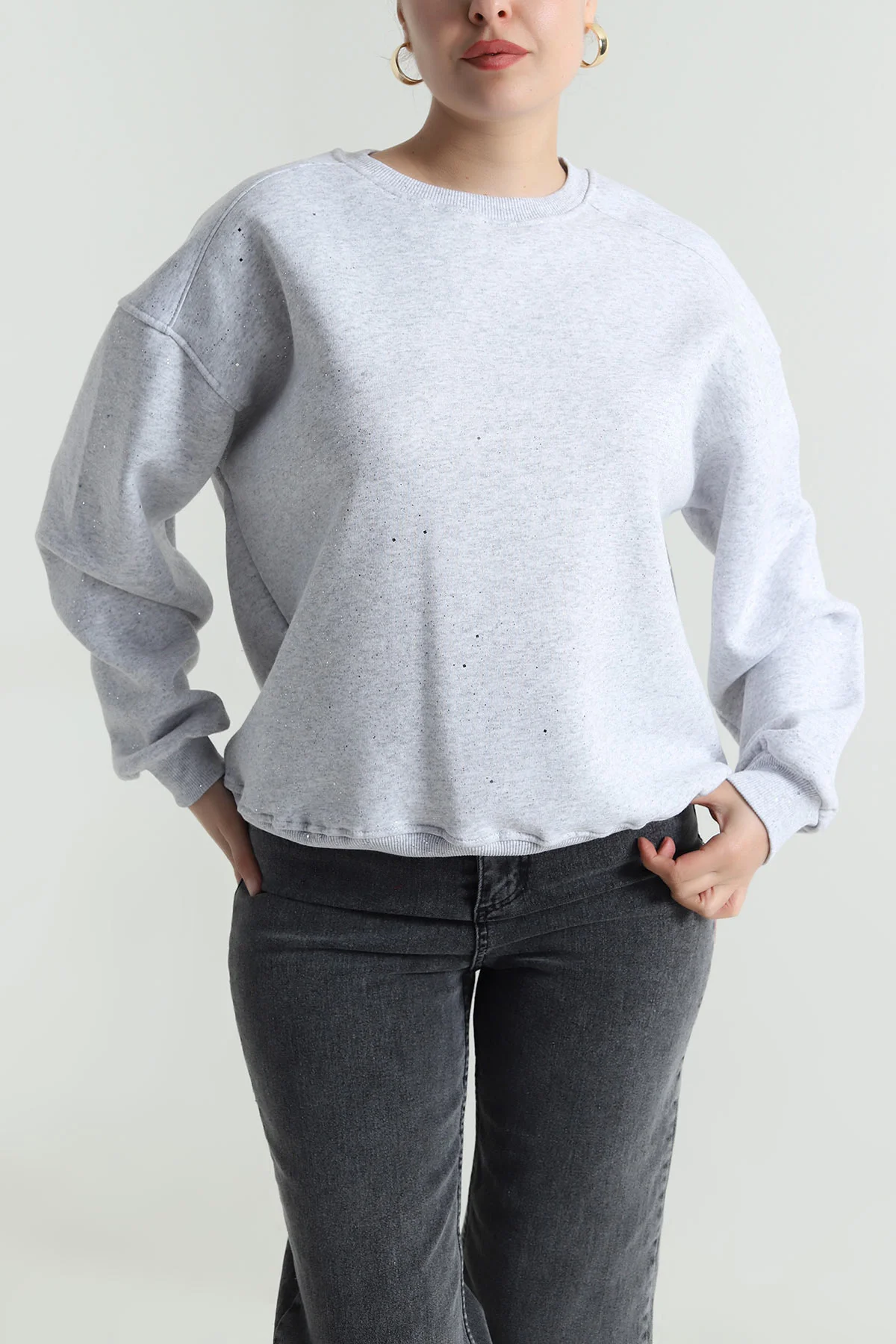 Gri Şardonlu Simli Üç İp Kadın Sweat 493596