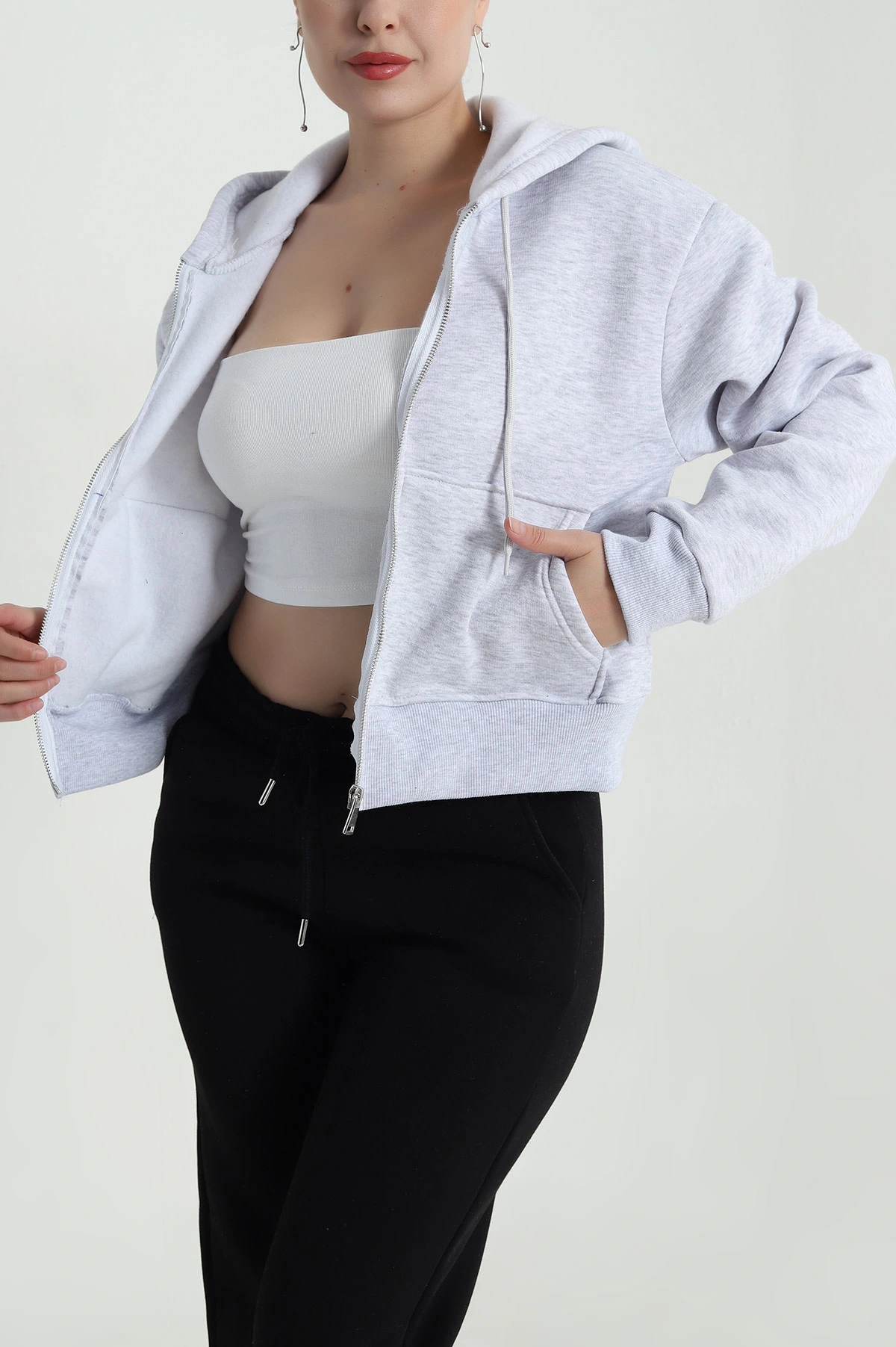 Gri Şardonlu Üç İp Fermuarlı Kadın Sweat 483330