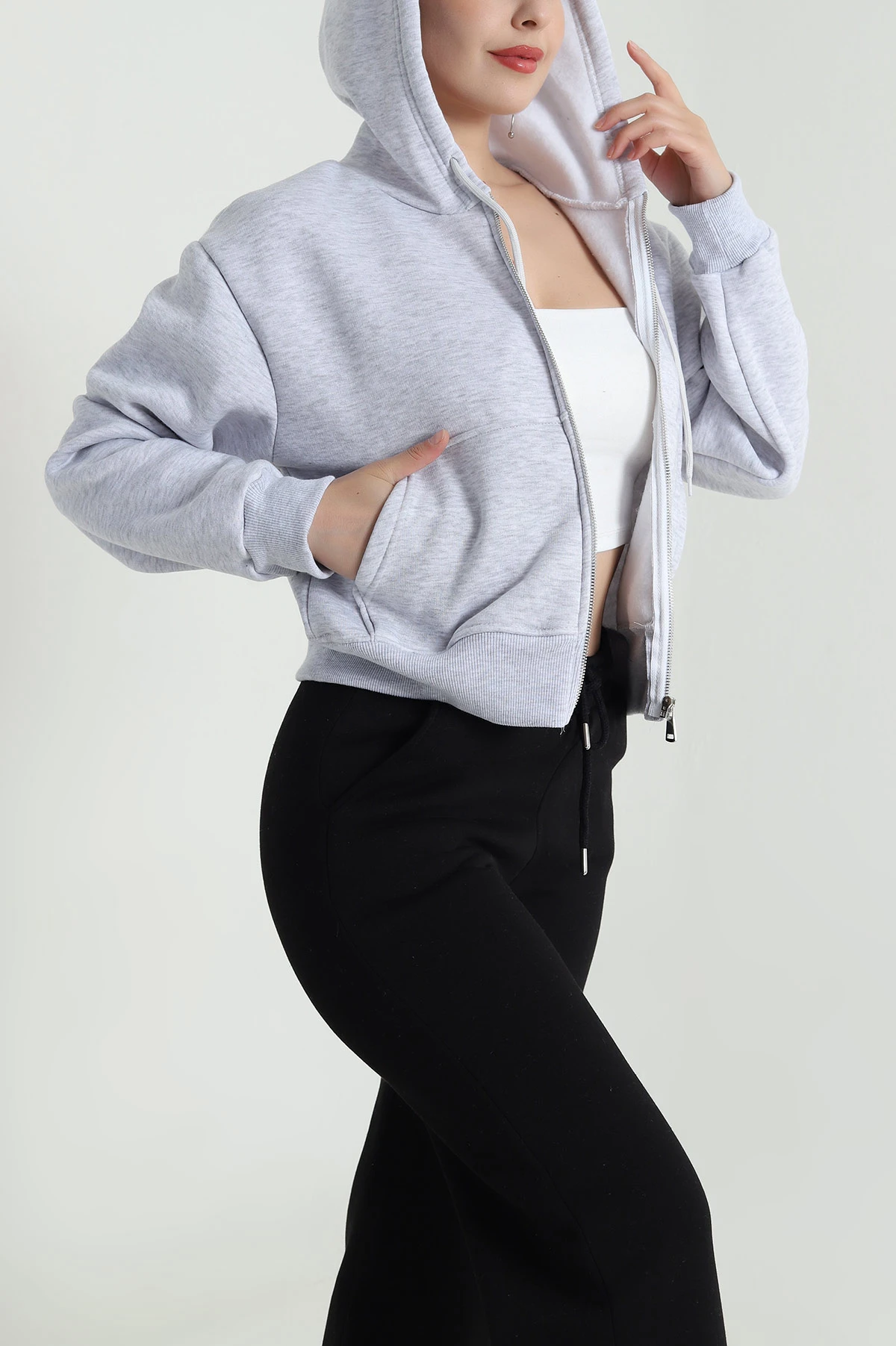Gri Şardonlu Üç İp Fermuarlı Kadın Sweat 483330