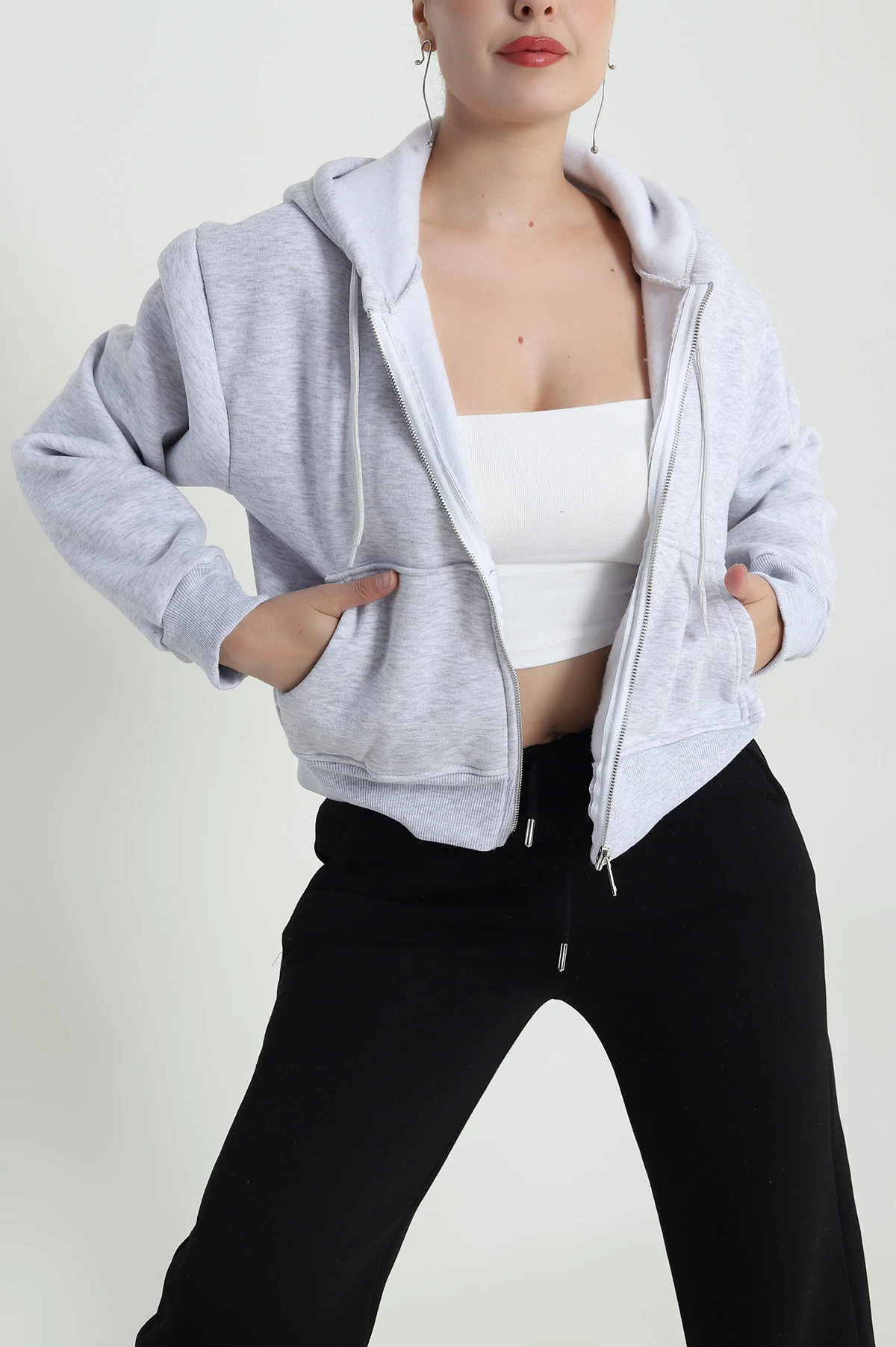 Gri Şardonlu Üç İp Fermuarlı Kadın Sweat 483330