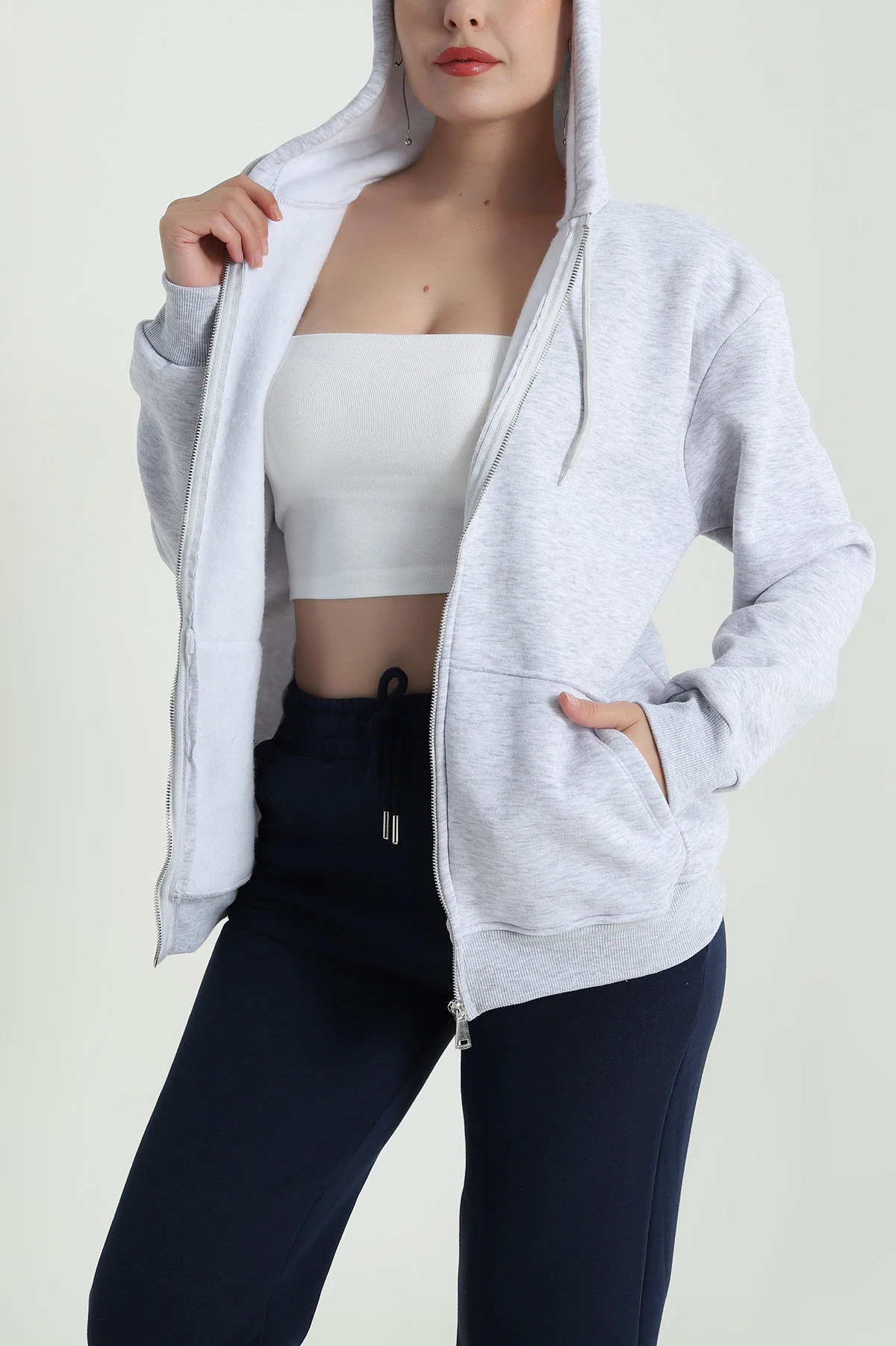 Gri Şardonlu Üç İp Fermuarlı Kadın Sweat 483334