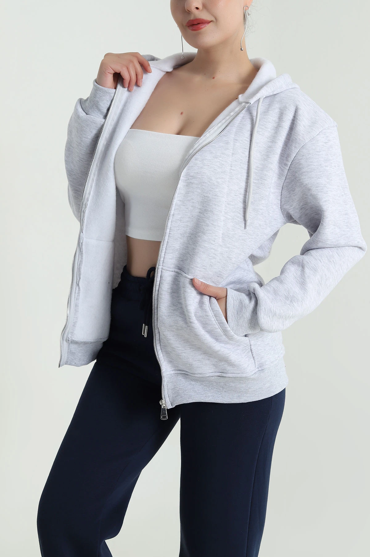 Gri Şardonlu Üç İp Fermuarlı Kadın Sweat 483334