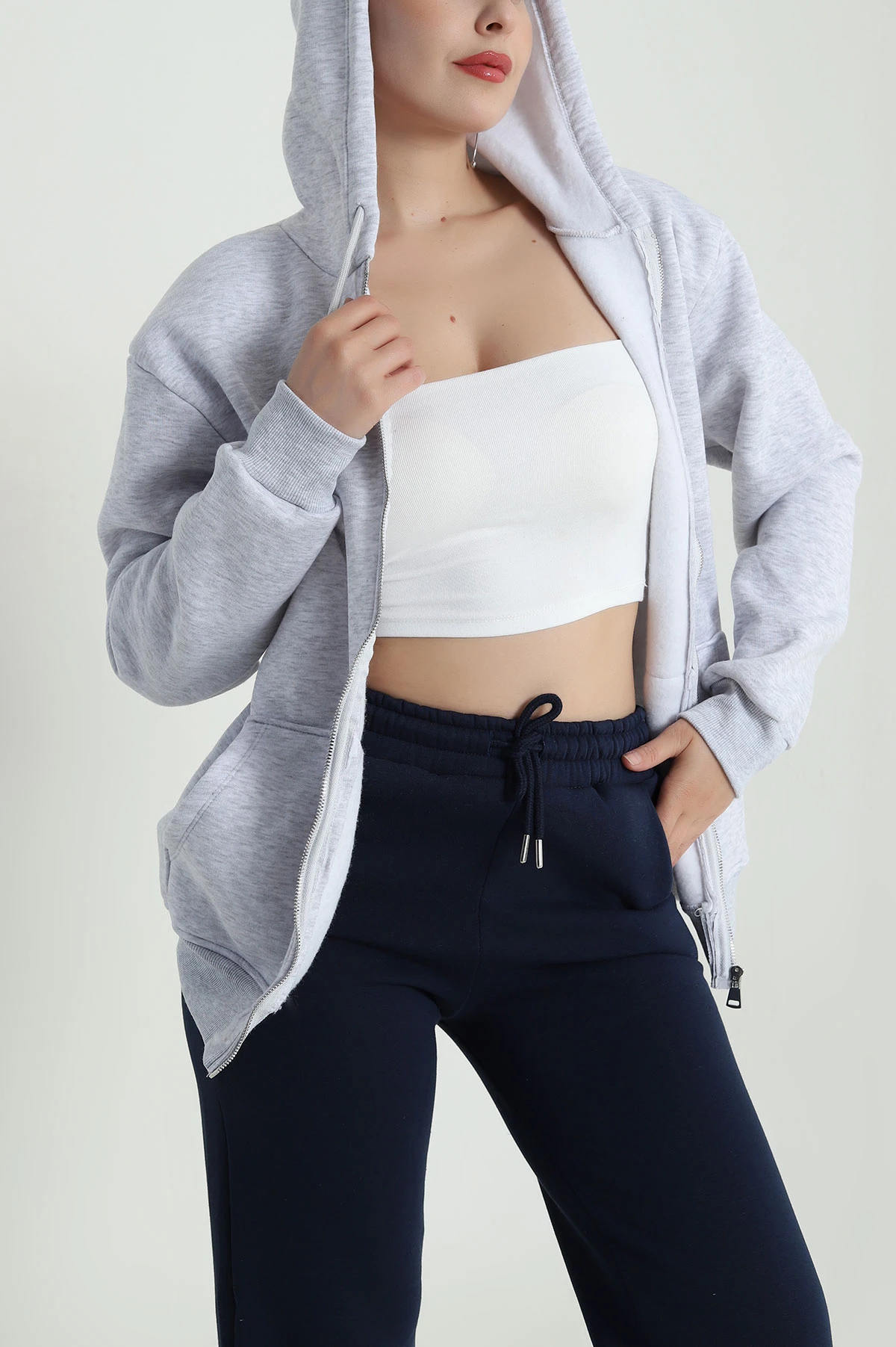 Gri Şardonlu Üç İp Fermuarlı Kadın Sweat 483334