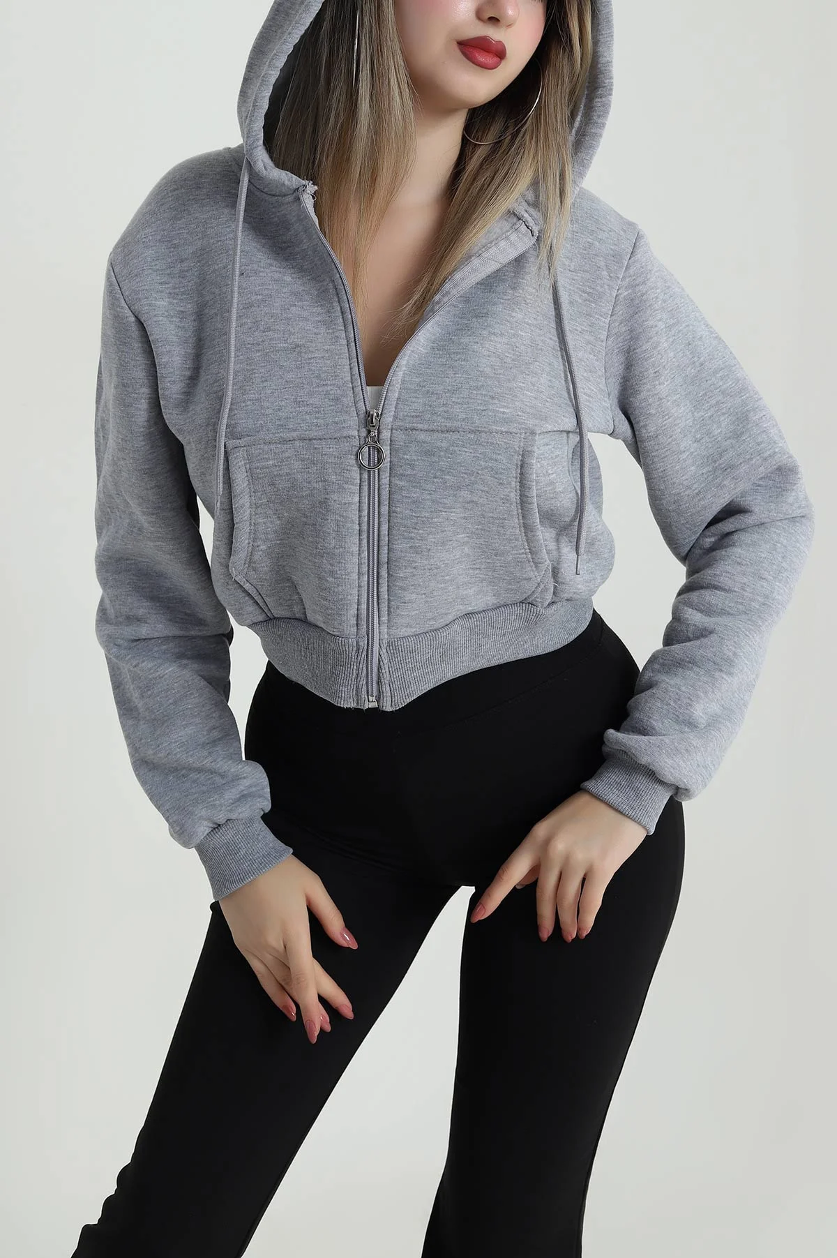 Gri Şardonlu Üç İp Fermuarlı Kadın Sweat 486053