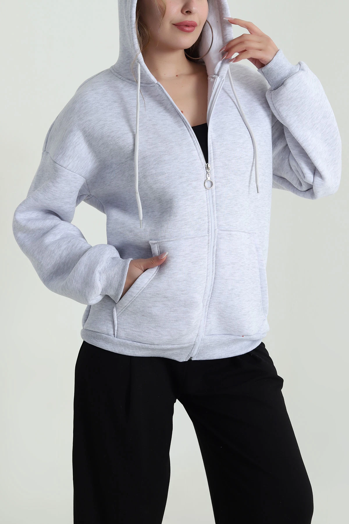 Gri Şardonlu Üç İp Fermuarlı Kadın Sweat 486068