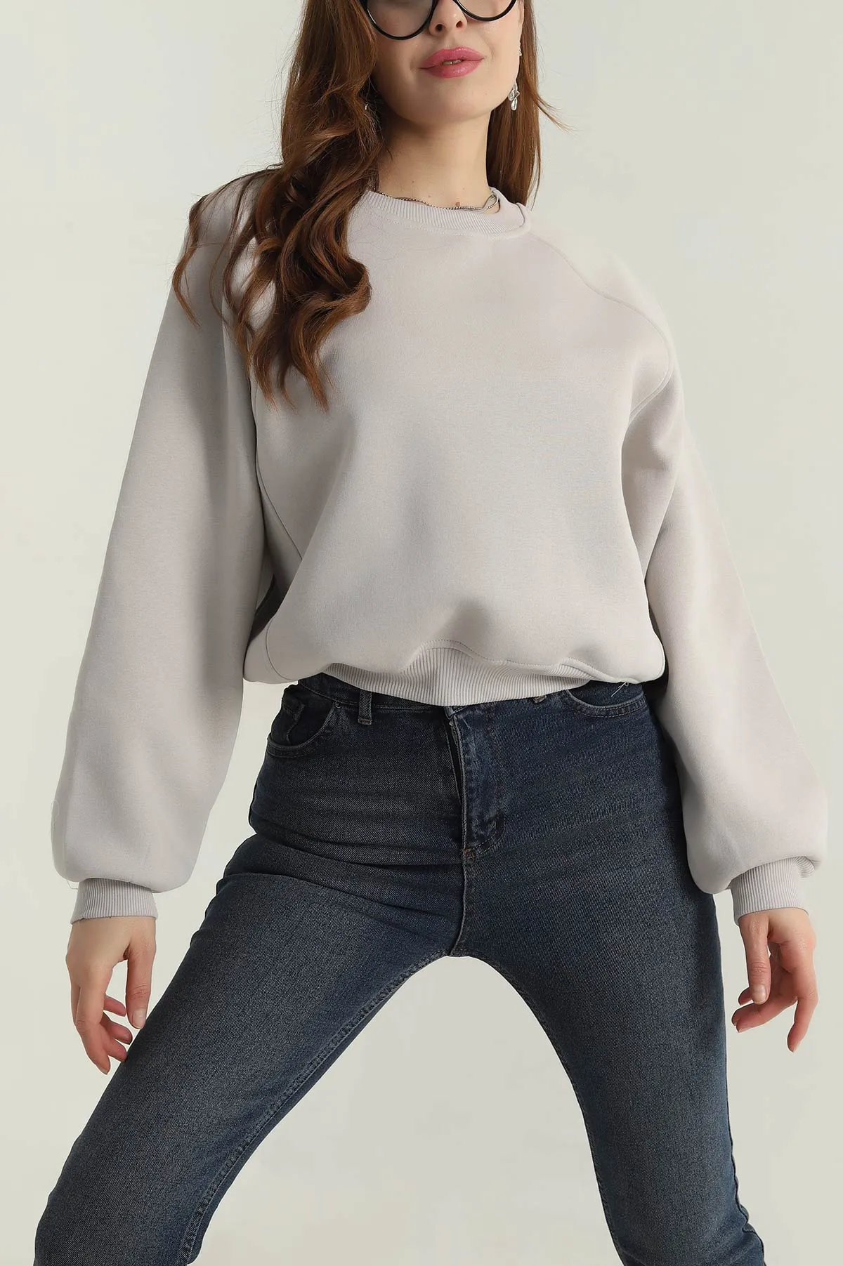 Gri Şardonlu Üç İp Kadın Sweat 412789