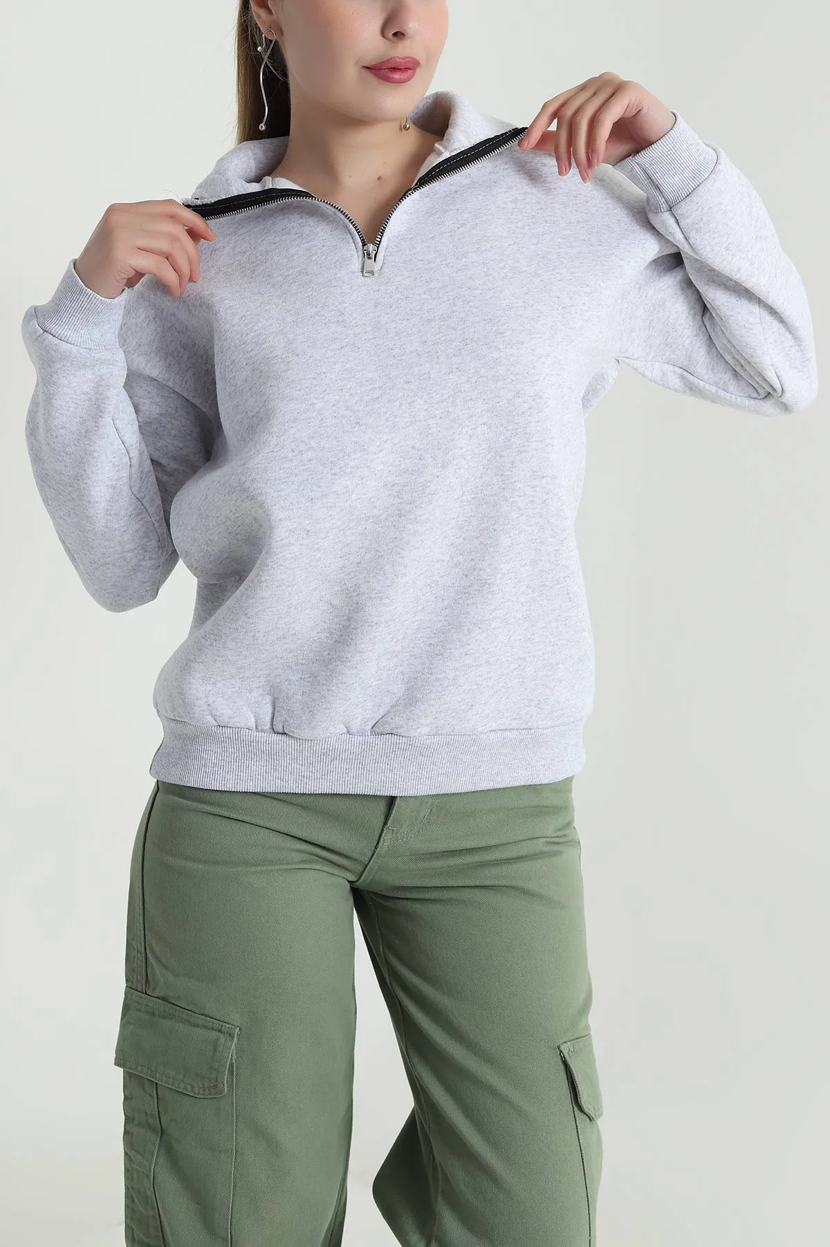 Gri Şardonlu Üç İp Kadın Sweat 484595