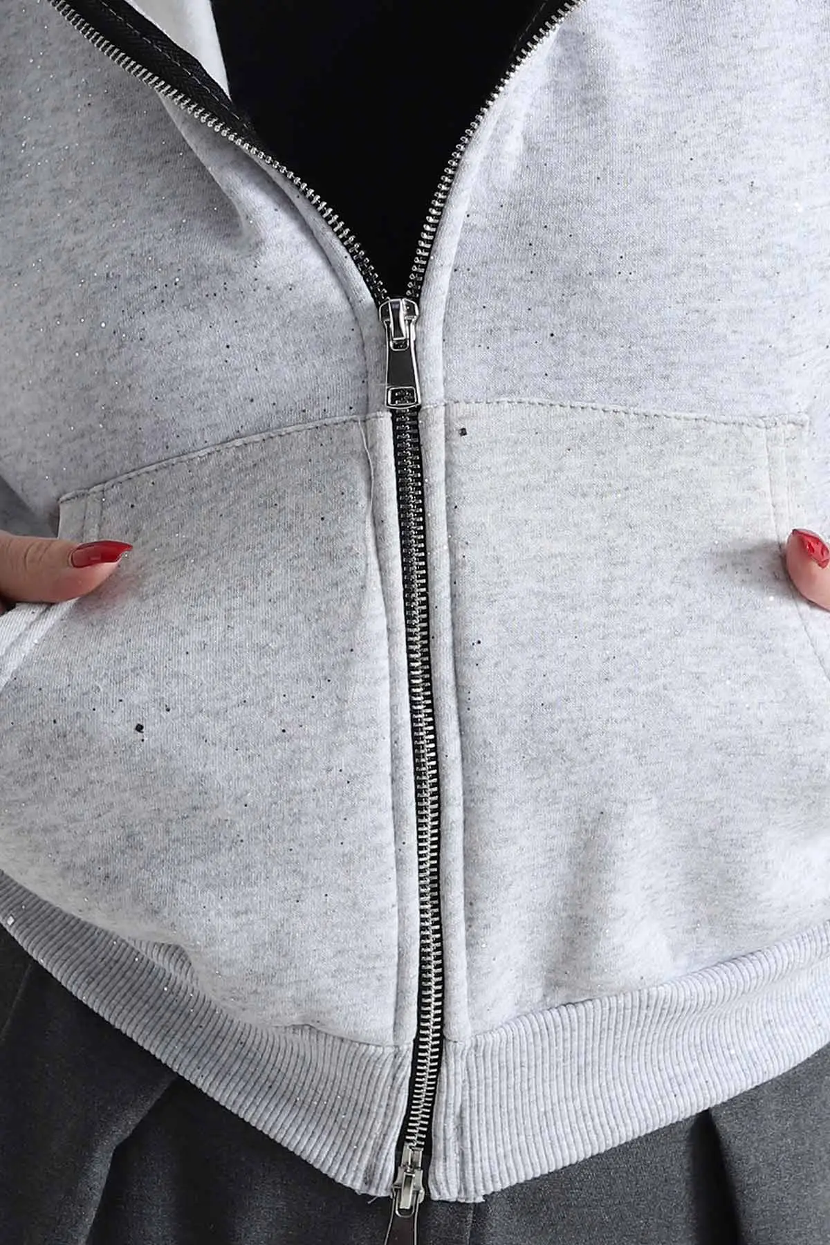 Gri Simli Kadın Fermuarlı Sweat 495074
