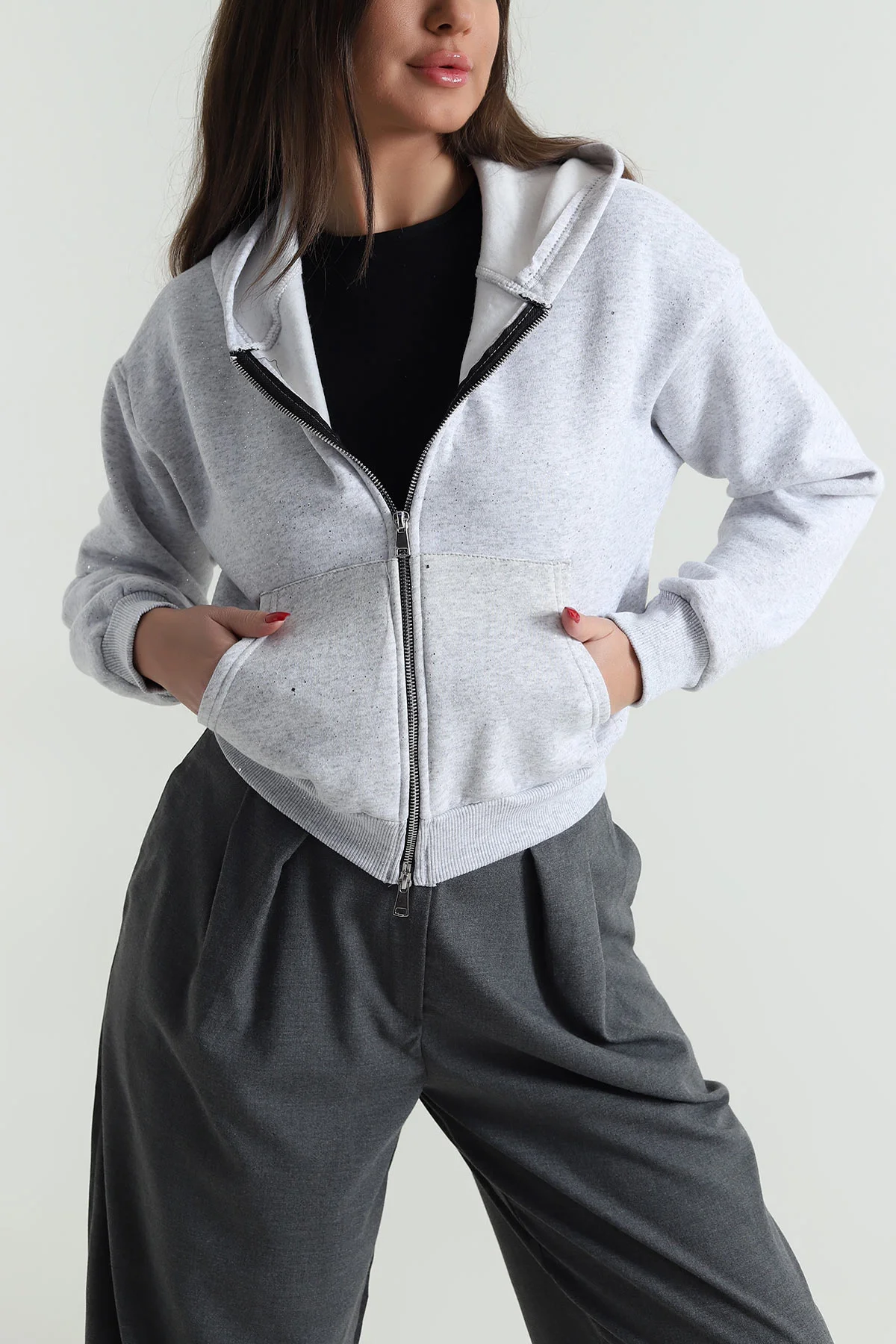 Gri Simli Kadın Fermuarlı Sweat 495074