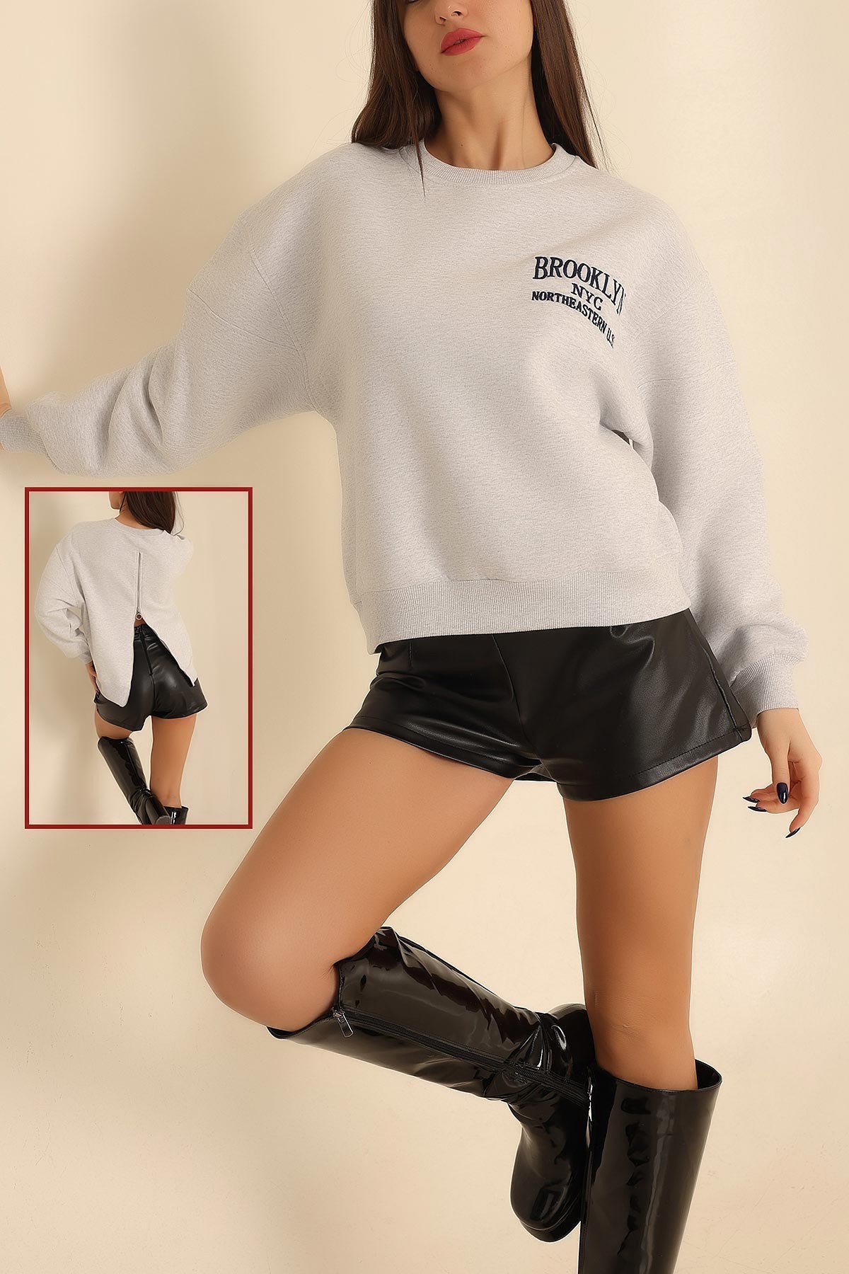 Gri Sırtı Fermuarlı Şardonlu Sweat 216649