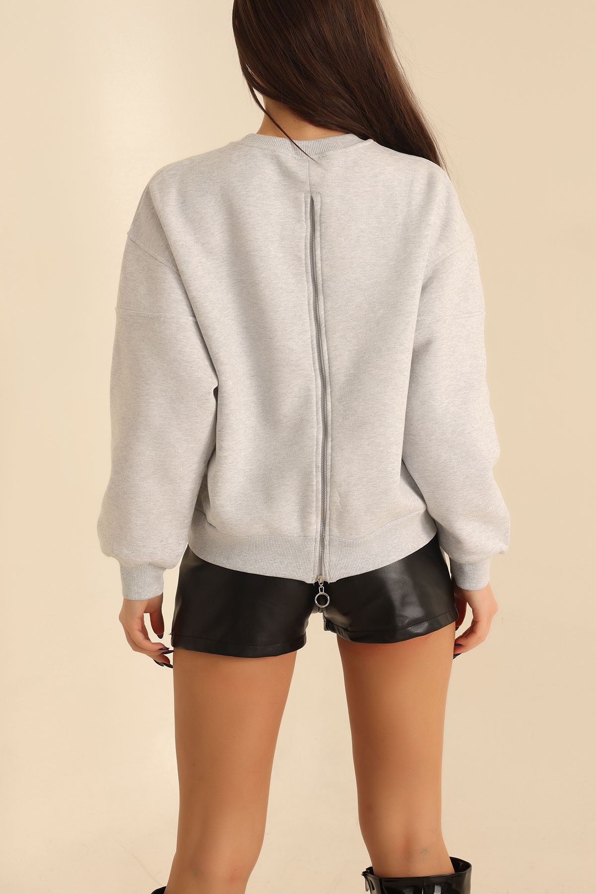 Gri Sırtı Fermuarlı Şardonlu Sweat 216649