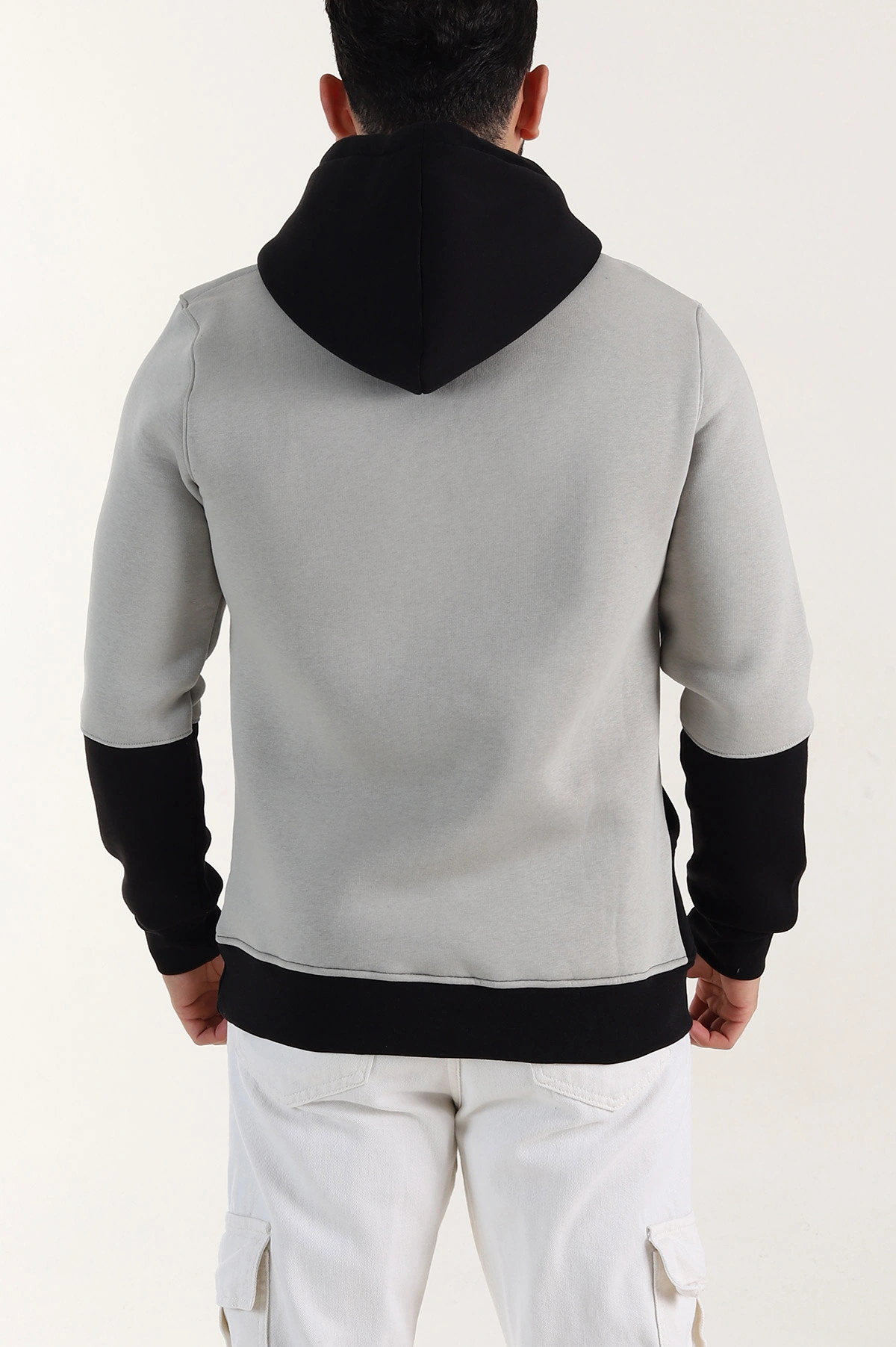 Gri Siyah Üç İp Şardonlu Kapüşonlu Yazı Detaylı Erkek Sweatshirt 396154