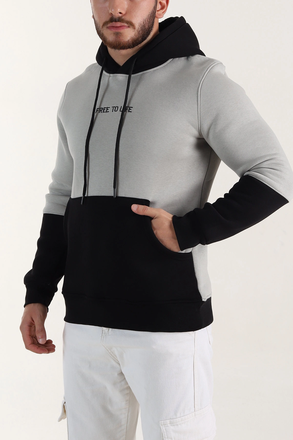 Gri Siyah Üç İp Şardonlu Kapüşonlu Yazı Detaylı Erkek Sweatshirt 396154