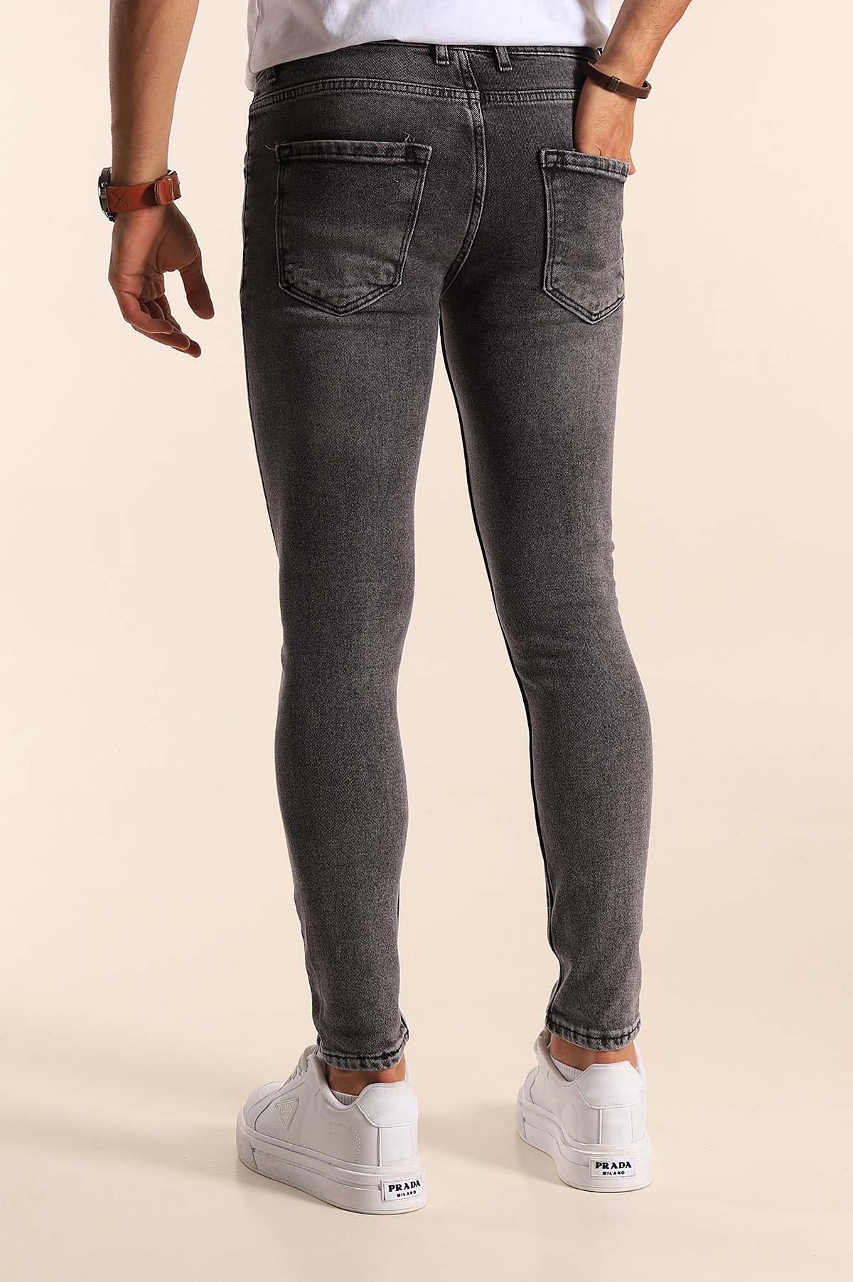 Gri Skinny Fit Likralı Taşlama Detaylı Erkek Kot Pantolon 194711