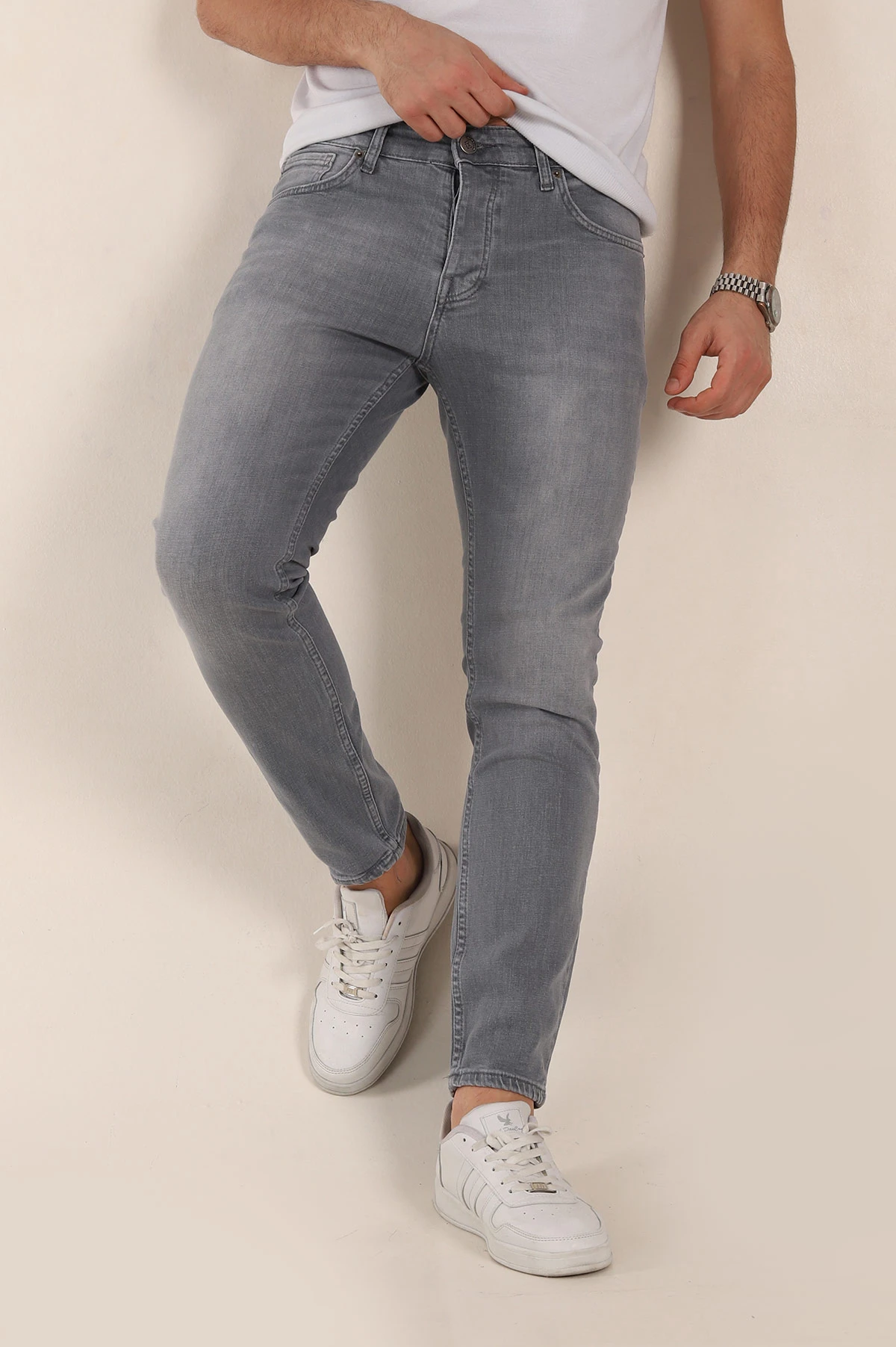 Gri Skinny Fit Yıkamalı Taşlama Detaylı Erkek Kot Pantolon 354432