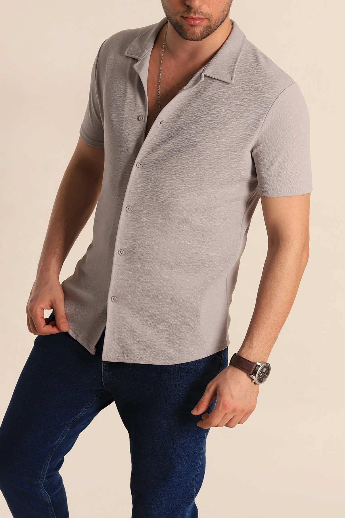 Gri Slim Fit Apaş Yaka Erkek Krep Gömlek 260930