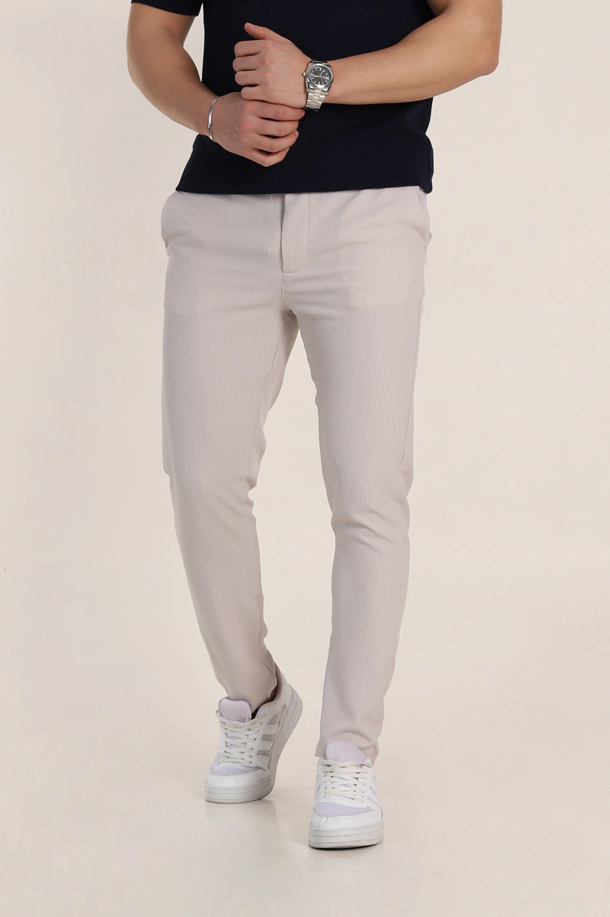 Gri Slim Fit Çizgili Gofre Kumaş Erkek Pantolon 351865