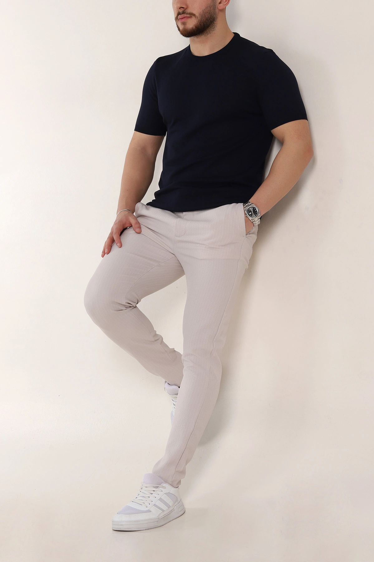 Gri Slim Fit Çizgili Gofre Kumaş Erkek Pantolon 351865
