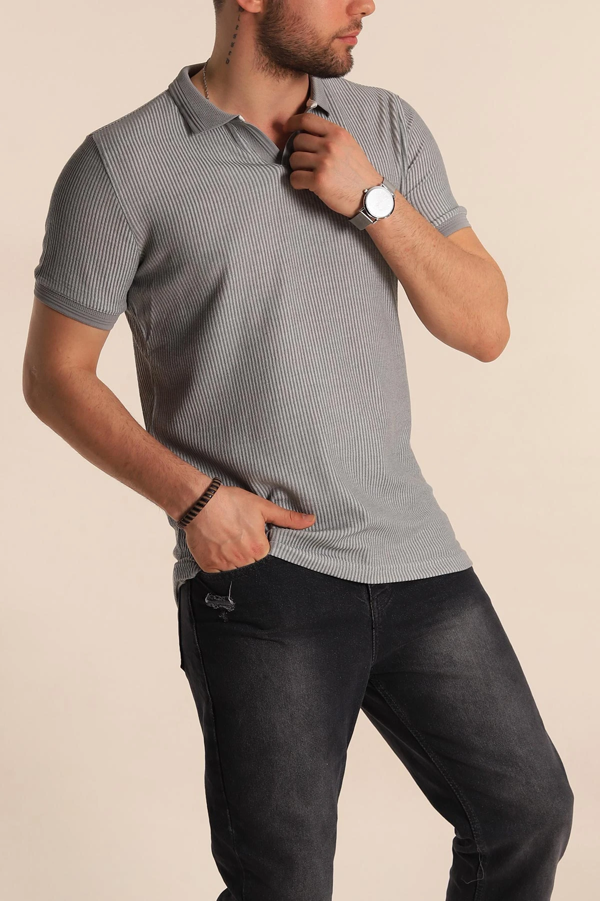Gri Slim Fit Fitilli Doku Polo Yaka Erkek Tişört 262706