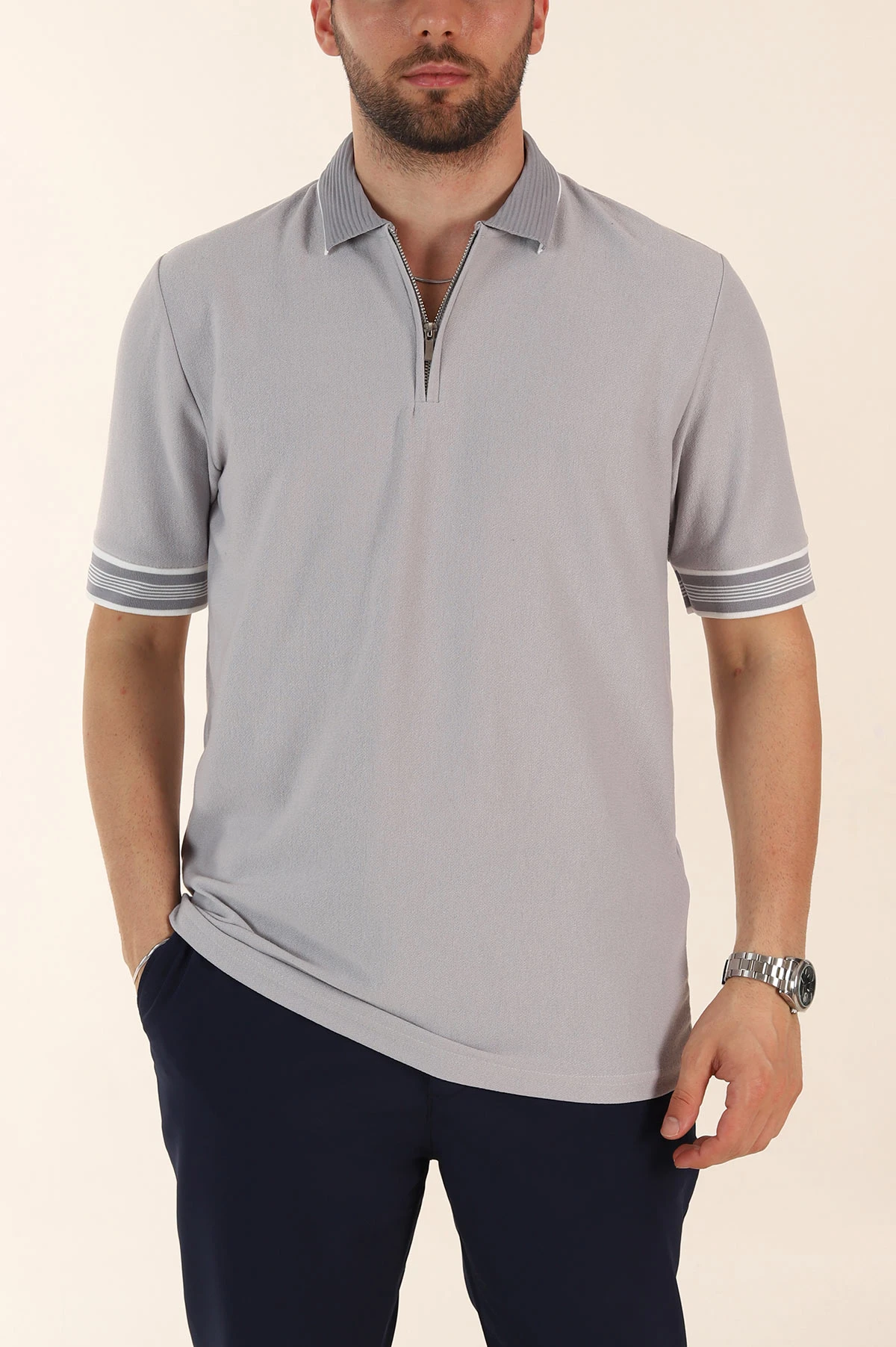 Gri Slim Fit Kol Detaylı Fermuarlı Polo Yaka Erkek Triko Tişört 369513