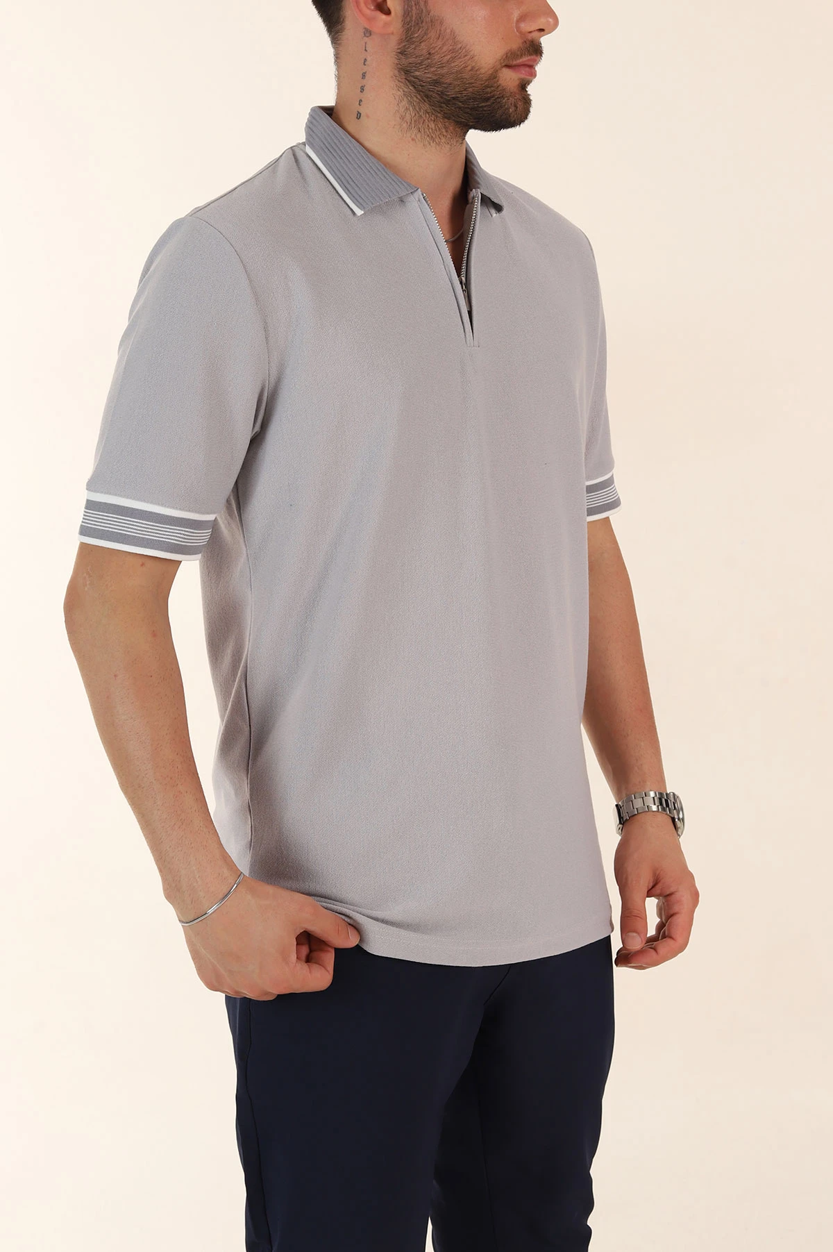Gri Slim Fit Kol Detaylı Fermuarlı Polo Yaka Erkek Triko Tişört 369513