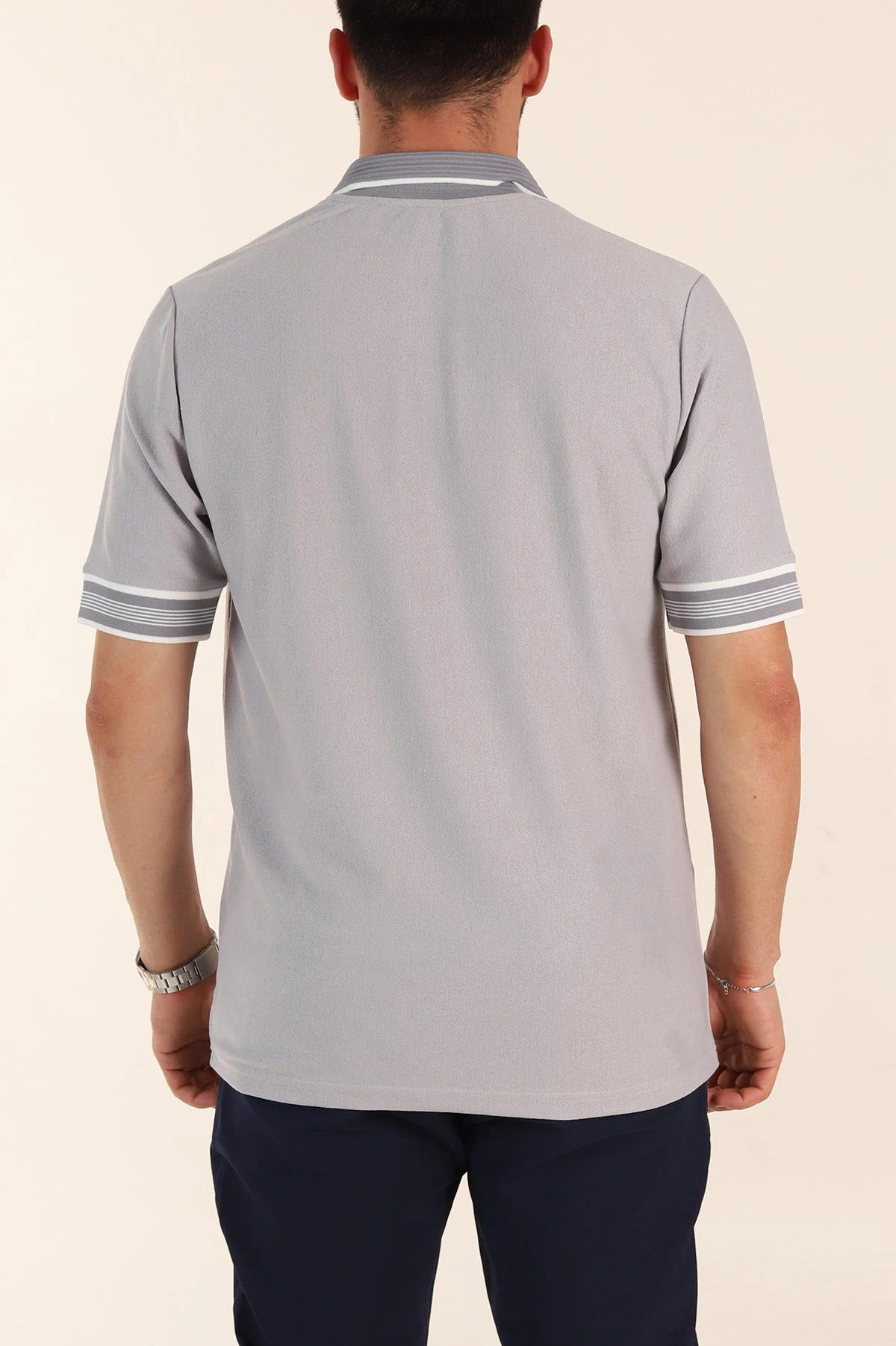 Gri Slim Fit Kol Detaylı Fermuarlı Polo Yaka Erkek Triko Tişört 369513