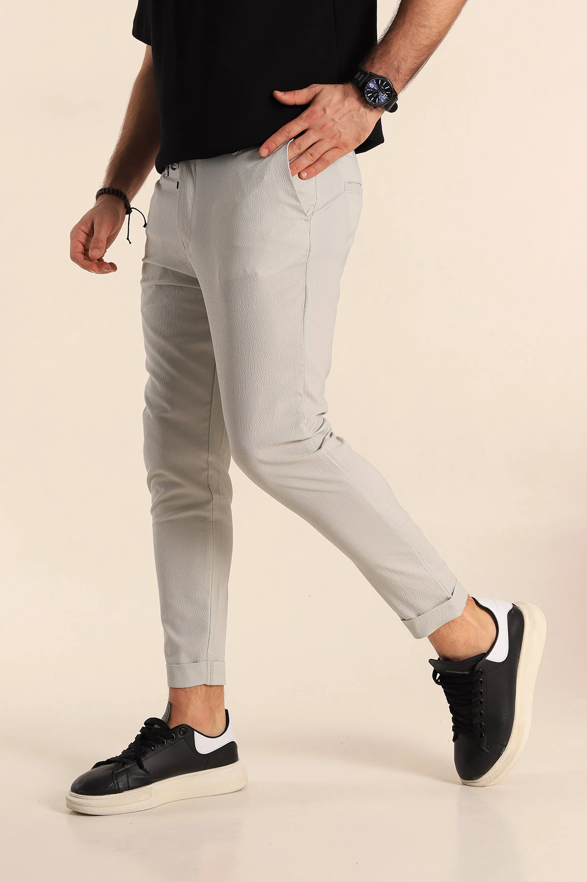 Gri Slim Fit Likralı Paraşüt Kumaş Duble Paça Erkek Jogger Pantolon 247818