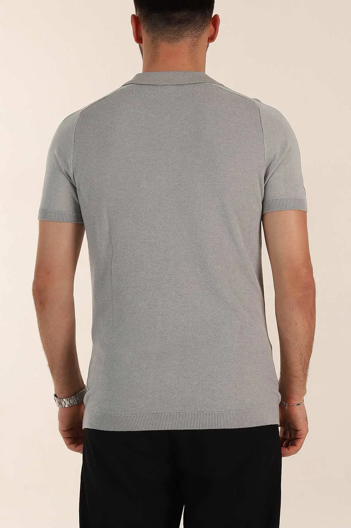 Gri Slim Fit Omuz Şerit Detaylı Fermuarlı Polo Yaka Erkek Triko Tişört 358400