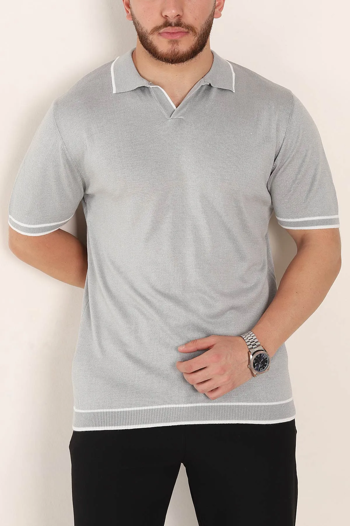 Gri Slim Fit Patlı Polo Yaka Erkek Triko Tişört 358353