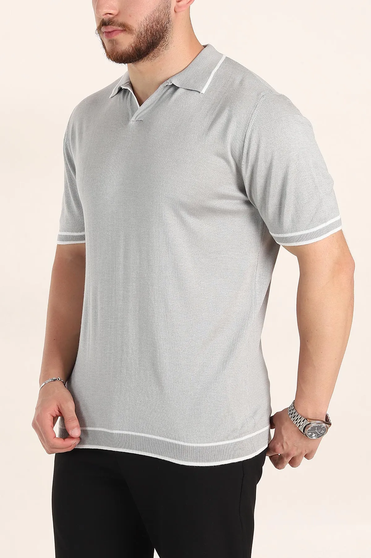 Gri Slim Fit Patlı Polo Yaka Erkek Triko Tişört 358353