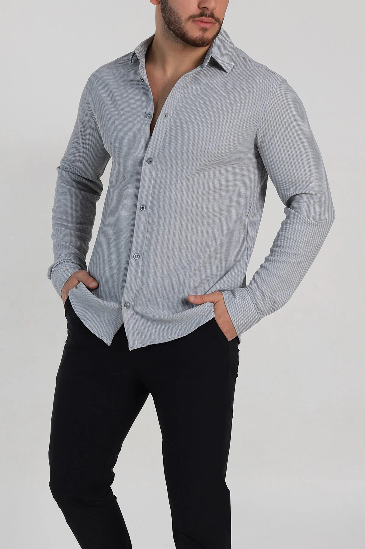 Gri Slim Fit Petek Dokulu Uzun Kollu Erkek Gömlek 325216