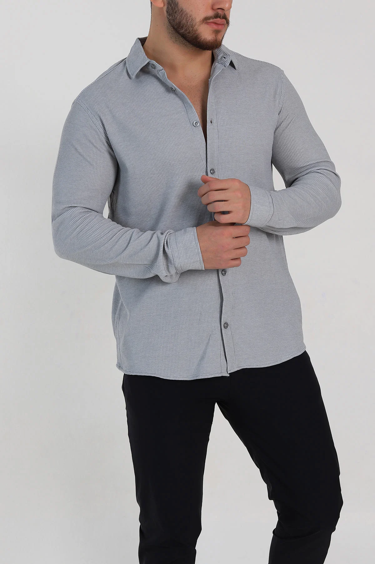 Gri Slim Fit Petek Dokulu Uzun Kollu Erkek Gömlek 325216