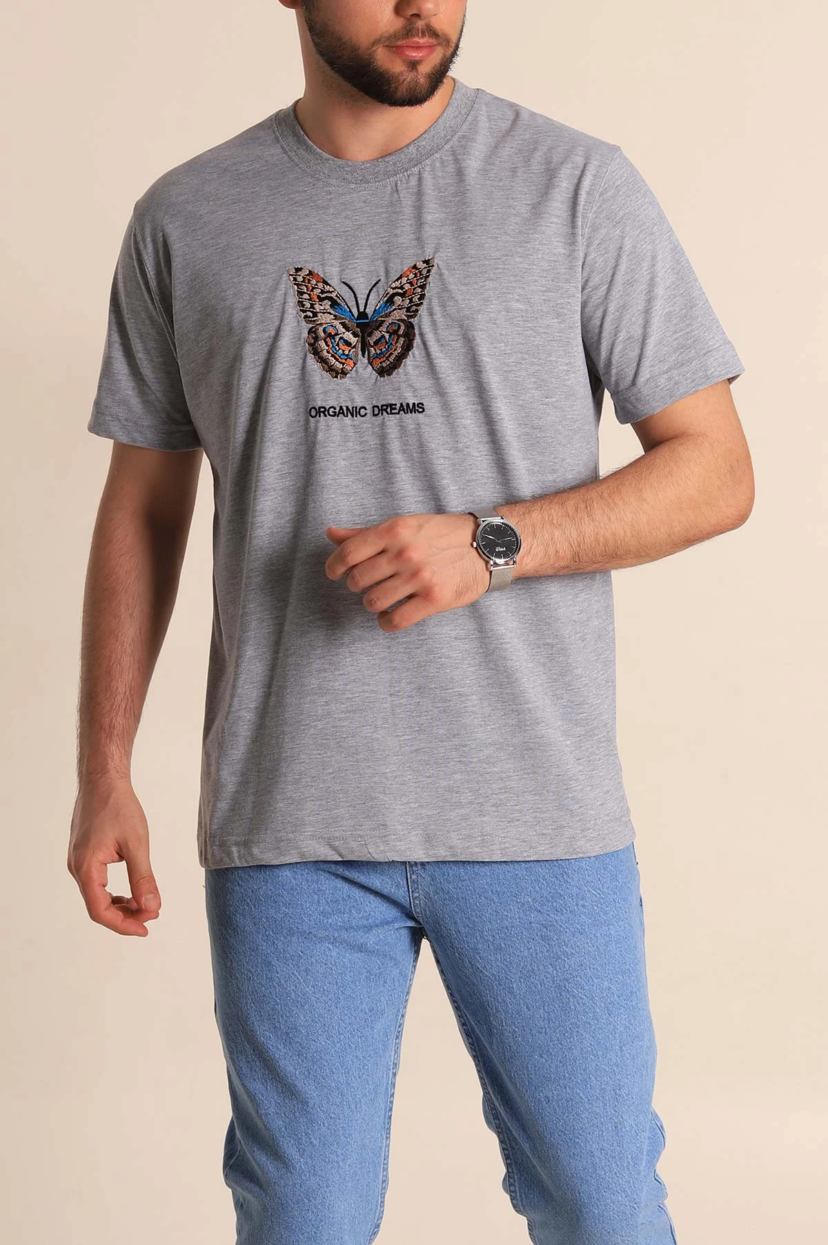 Gri Slim Fit Suprem Kumaş Kelebek Nakışlı Erkek Tişört 275979