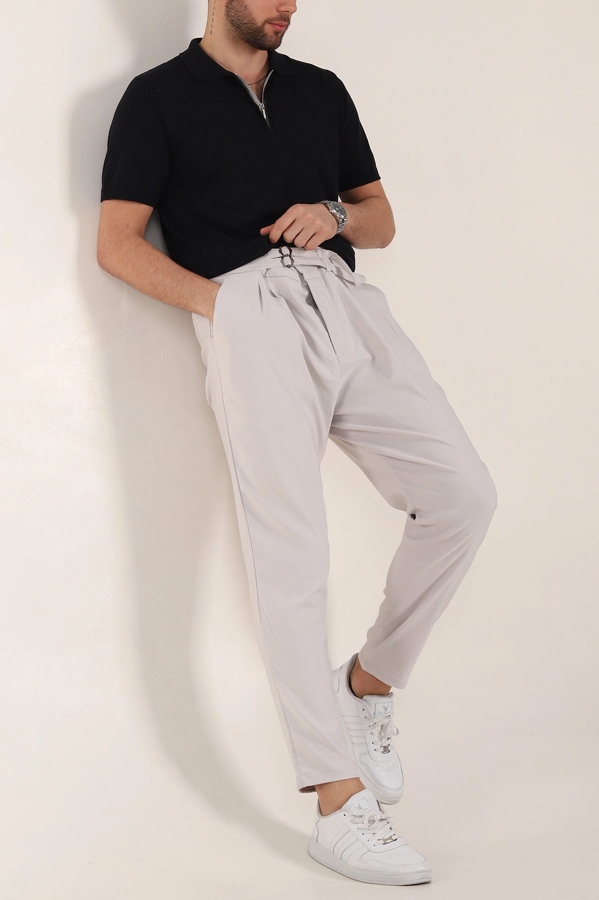 Gri Slim Fit Yüksel Bel Çift Kemer Detaylı Erkek Kumaş Pantolon 340851