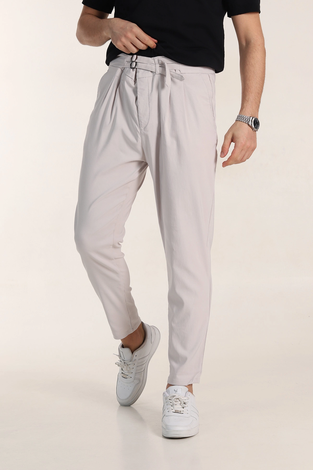 Gri Slim Fit Yüksel Bel Çift Kemer Detaylı Erkek Kumaş Pantolon 340851