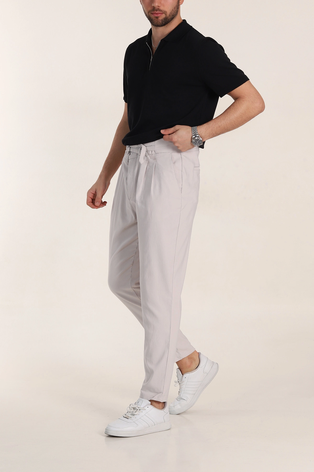 Gri Slim Fit Yüksel Bel Çift Kemer Detaylı Erkek Kumaş Pantolon 340851