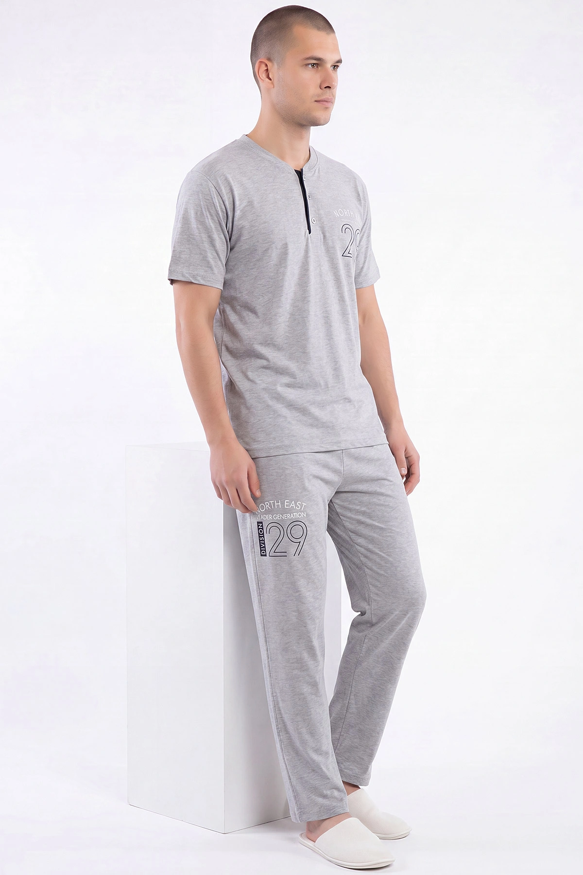 Gri Süprem Kumaş Düğmeli Erkek Pijama Takımı 469740