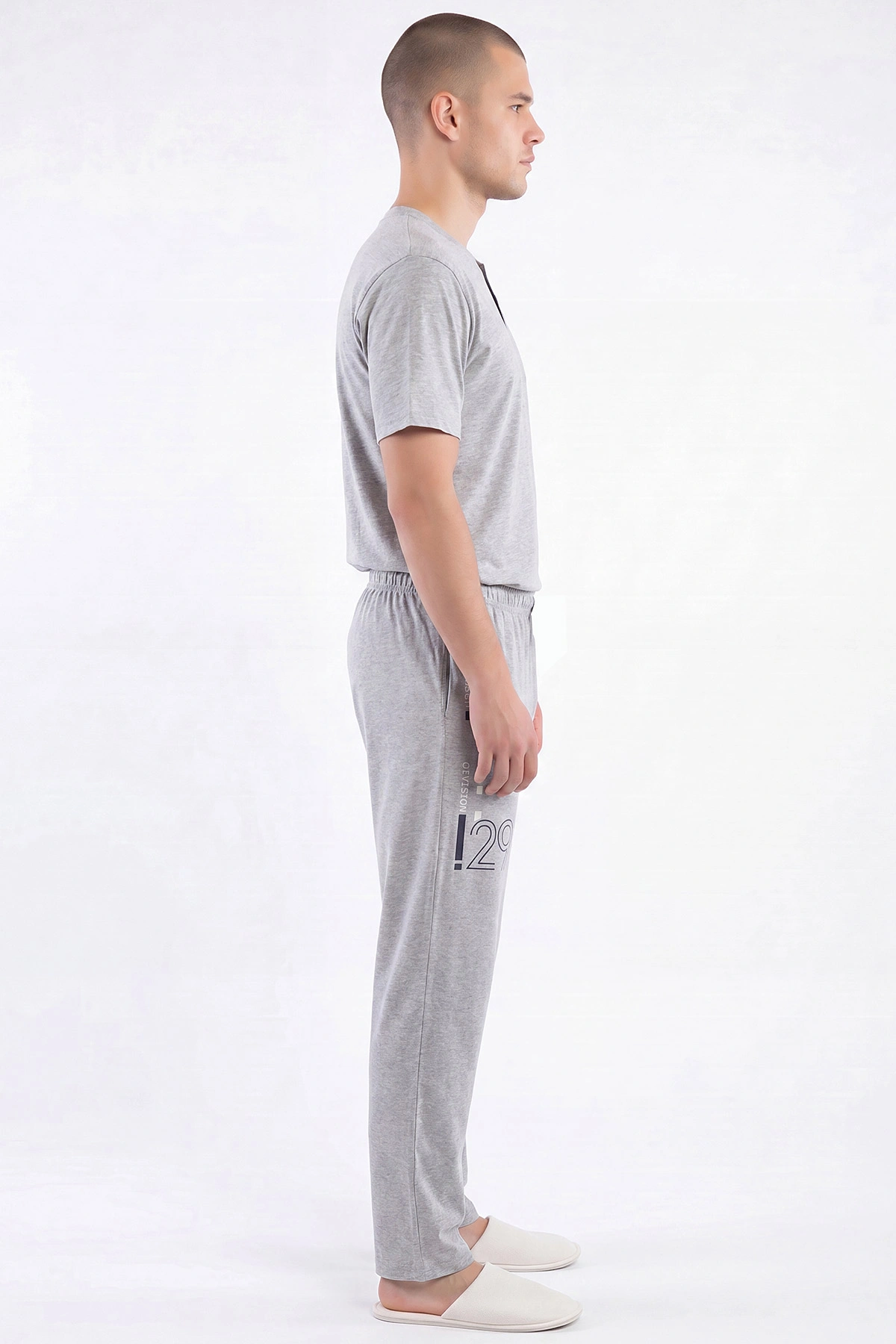 Gri Süprem Kumaş Düğmeli Erkek Pijama Takımı 469740