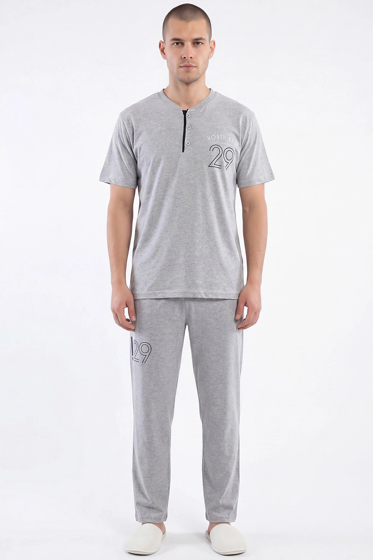 Gri Süprem Kumaş Düğmeli Erkek Pijama Takımı 469740
