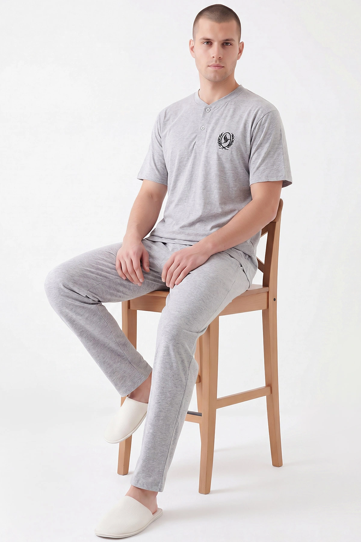 Gri Süprem Kumaş Düğmeli Erkek Pijama Takımı 469746