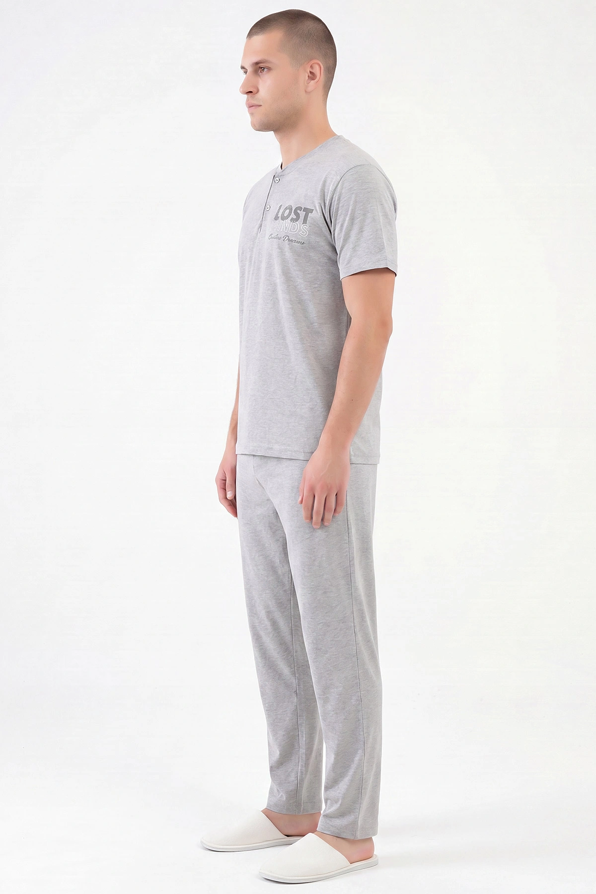 Gri Süprem Kumaş Düğmeli Erkek Pijama Takımı 469747