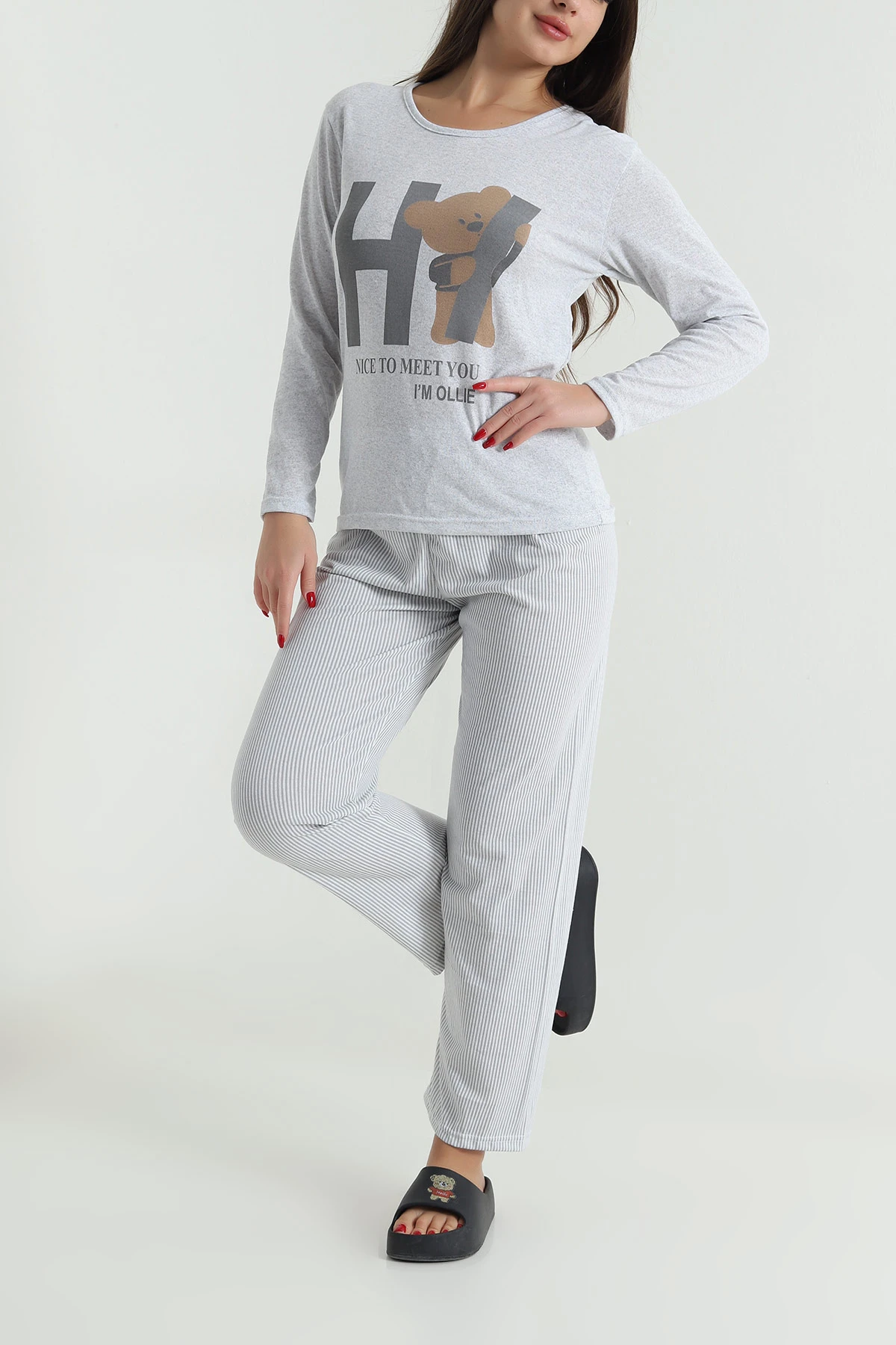 Gri Süprem Uzun Kol Kadın Pijama Takımı 493638