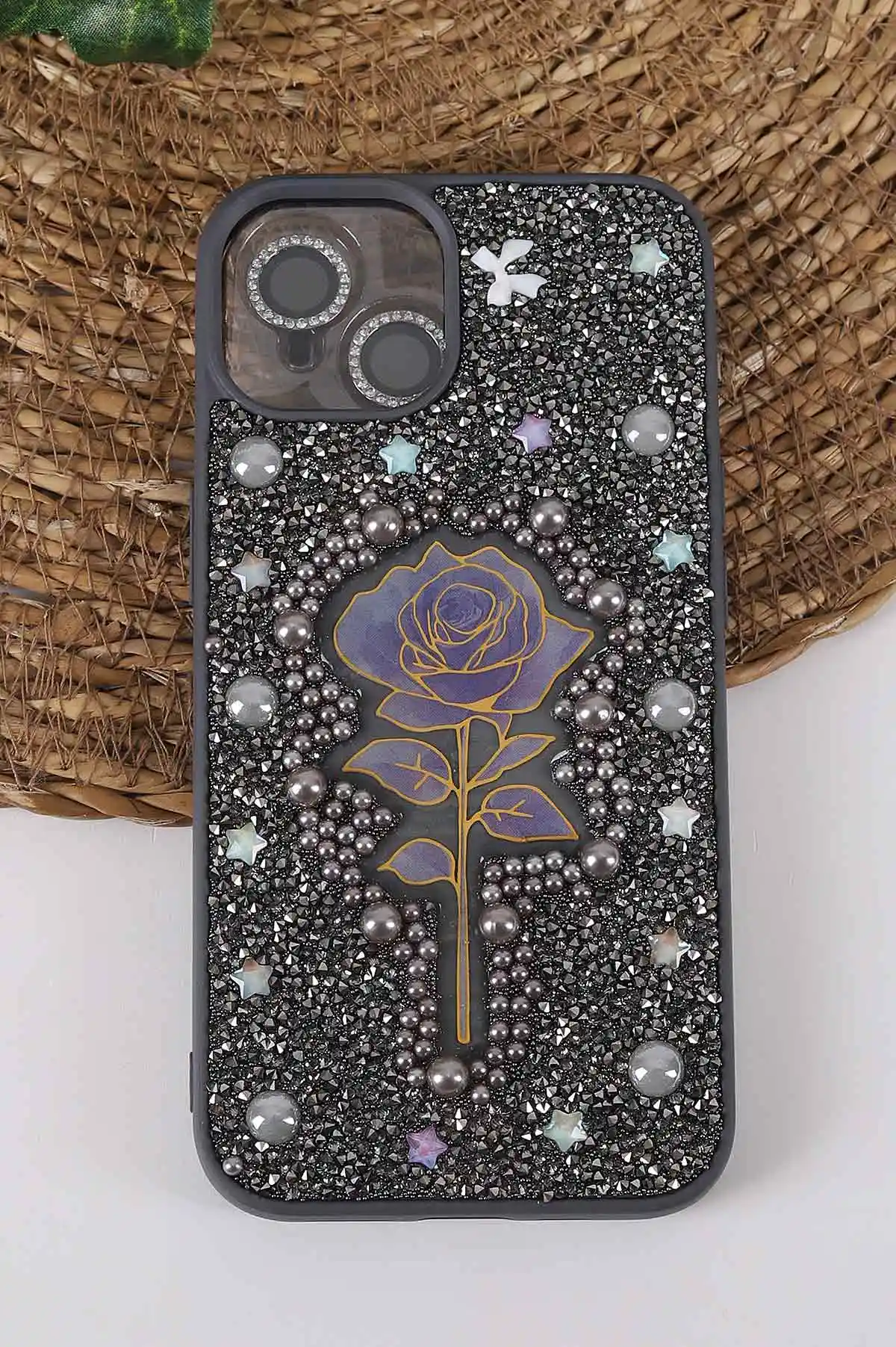 Gri TeknoCase İPhone 13 Uyumlu Afra Diamond Case Serisi Lens Hediyeli Premium Sert Silikon Telefon Kılıfı 430506