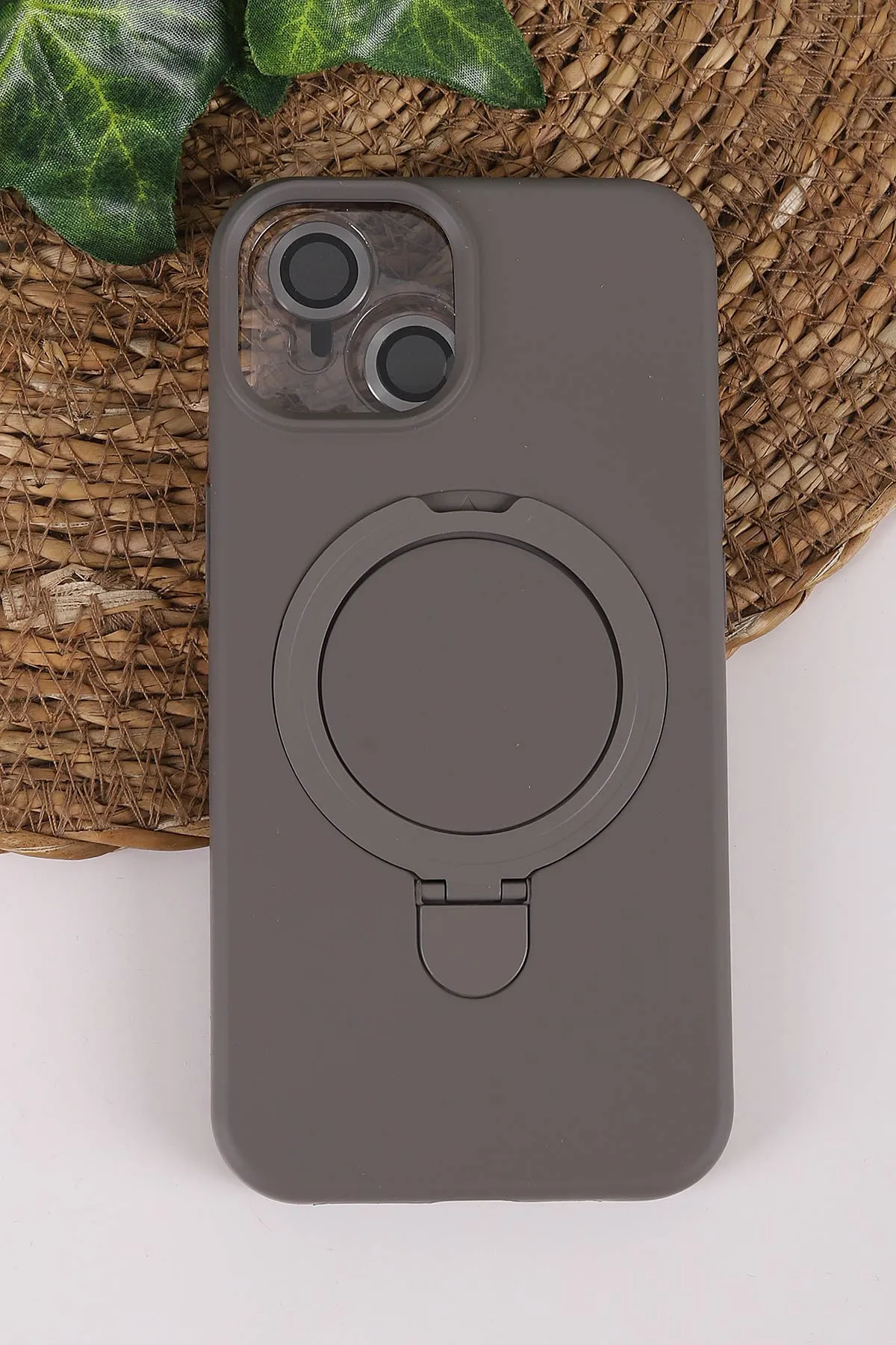Gri TeknoCase İPhone 13 Uyumlu Ringy Case Serisi Standlı Lens Hediyeli Sert Silikon Telefon Kılıfı 450166